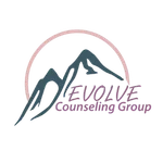 Blue and pink logo with mountains that says "Evolve Counseling Group".