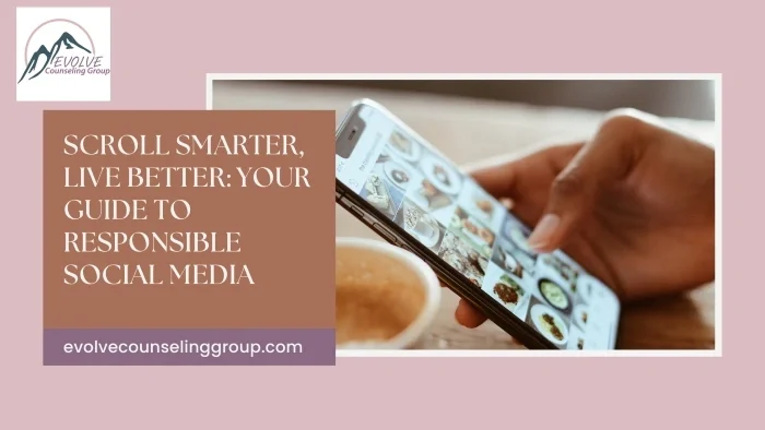 A close up of a hand holding a phone, surrounded by a pink border. The words "Scroll Smarter, Live Better: Your Guide to Responsible Social Media".