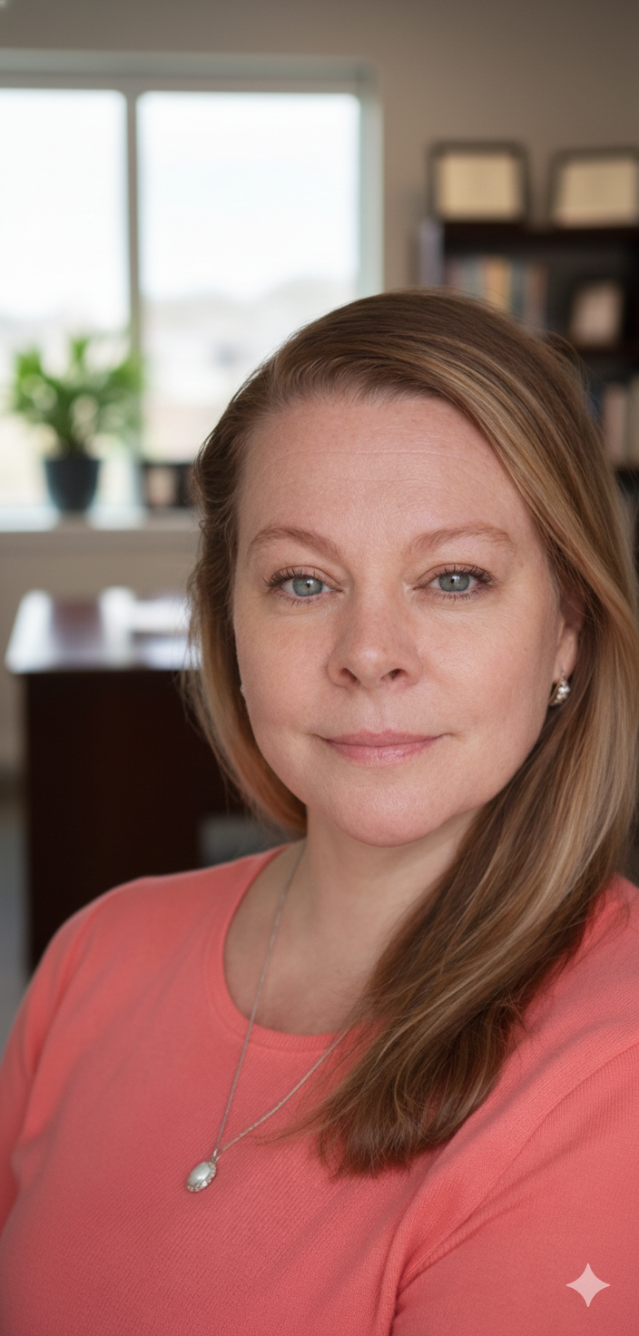 Close-up of a woman with dark blonde hair.