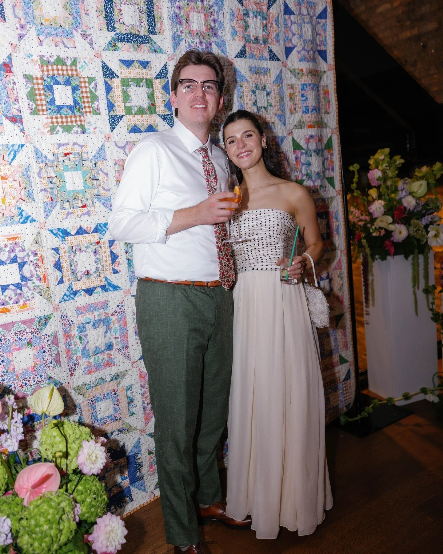 bride @sewclairebear collected fabric on the trip where she and henry got engaged and crafted this gorgeous quit, which begged to be admired and adored at their wedding last summer at @schubas_tiedhouse . ultimately, we landed on using it as a show-s