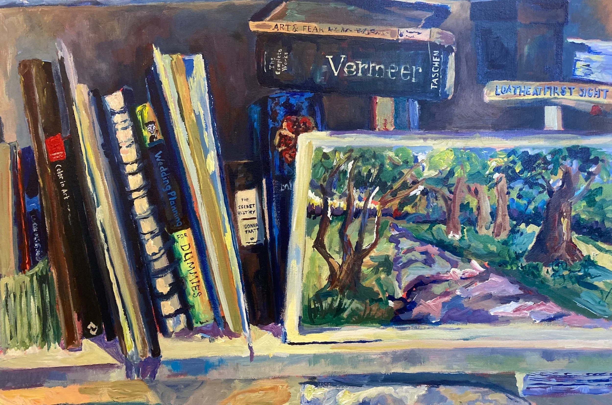 "The Bookshelf." 2021. Acrylic on Canvas. 24 x 36 in. SOLD.