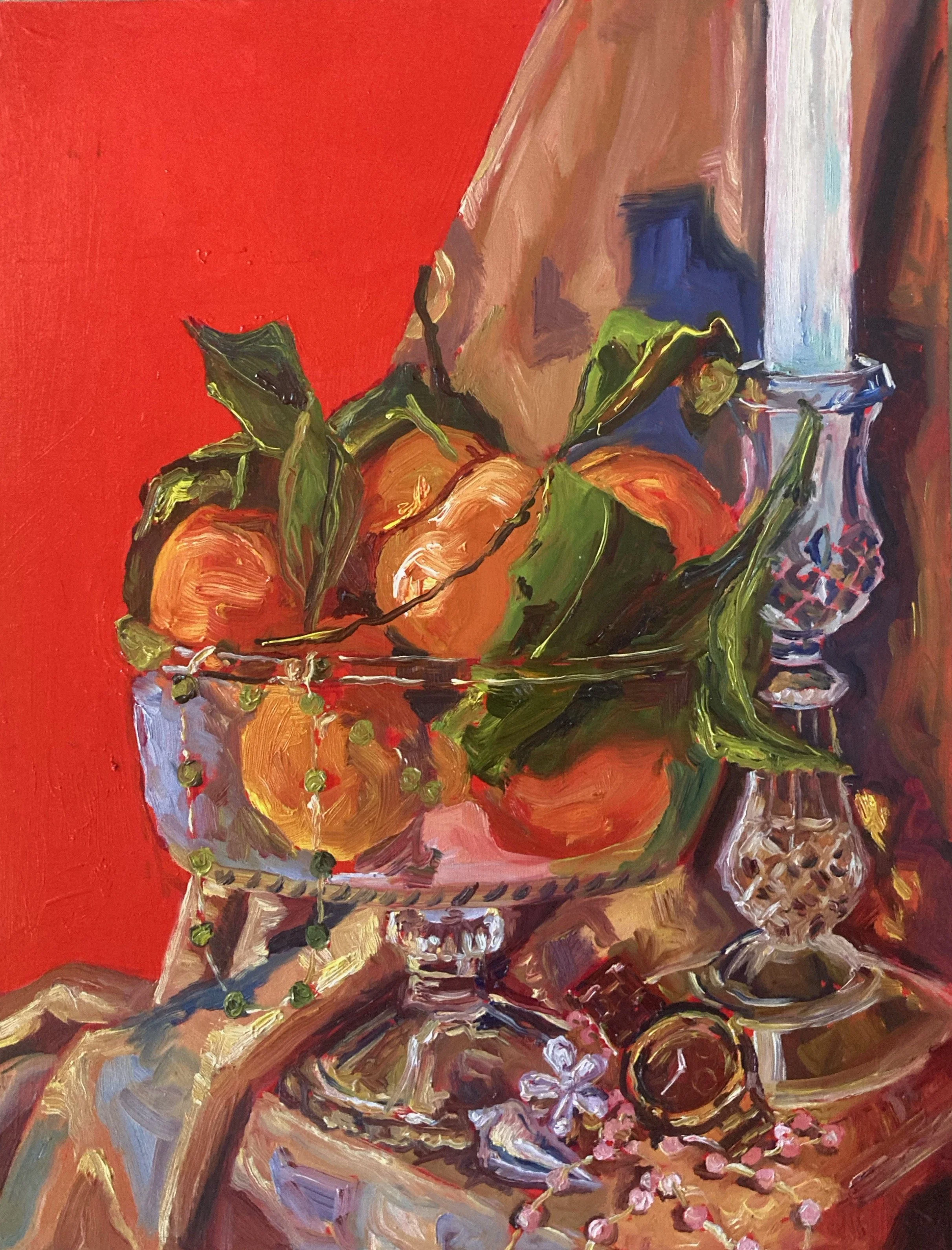 "Clementines in January." 2024. Oil on Wood. 16 x 12 in. SOLD.