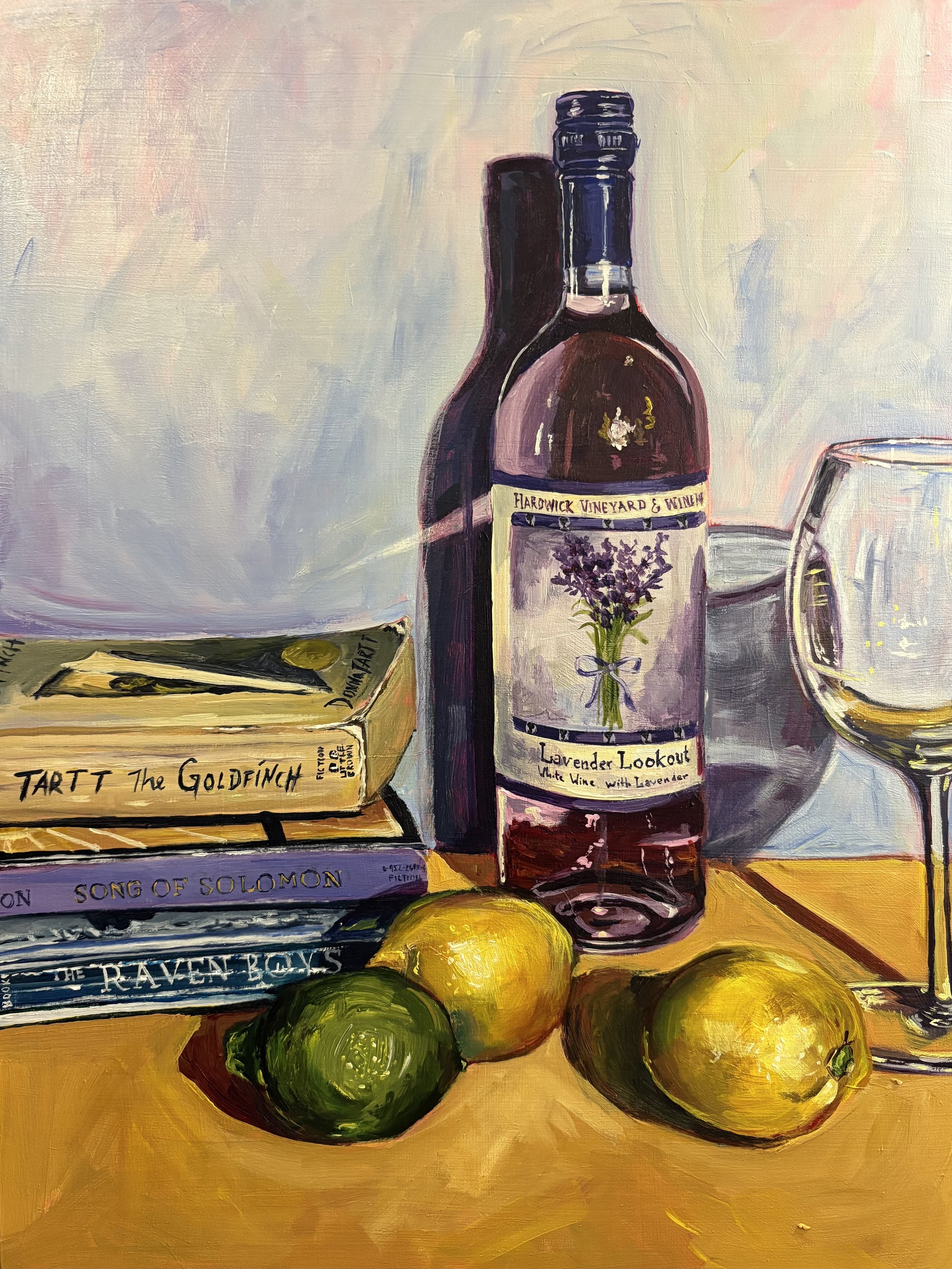 "Lemons and Lavender". 16 x 12 in. Acrylic on MDF Board. 2025. $380.