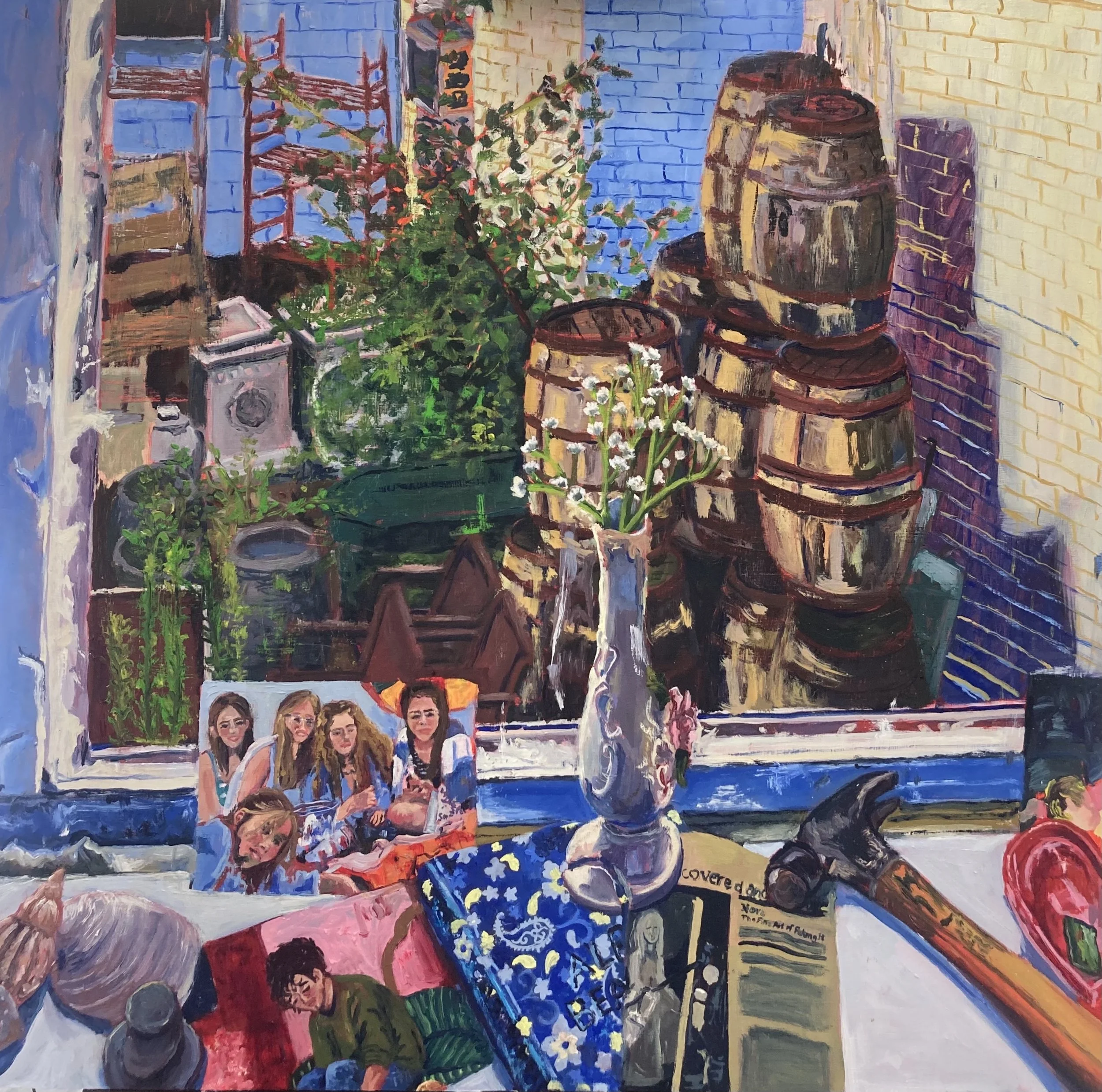 "Photographs on the Window Sill." 2023. Oil on Wood. 24 x 24 in. $890.