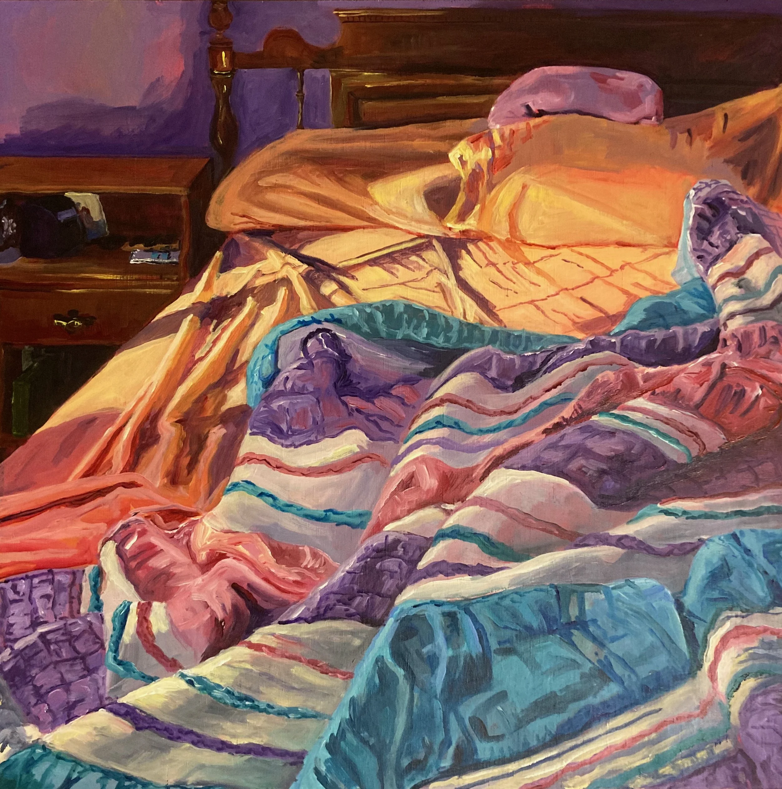 "Rebecca's Bed." 2023. Acrylic on Wood. 24 x 24 in. Commission.