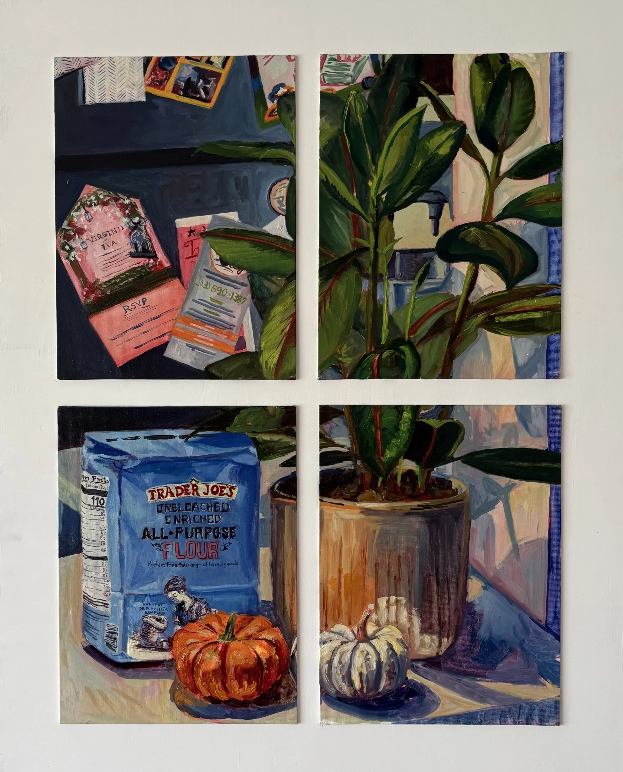 "Trader Joe's Flour." 2023-2025. Oil on Canvas Panels, mounted on wood. 30 x 24 in. $480.