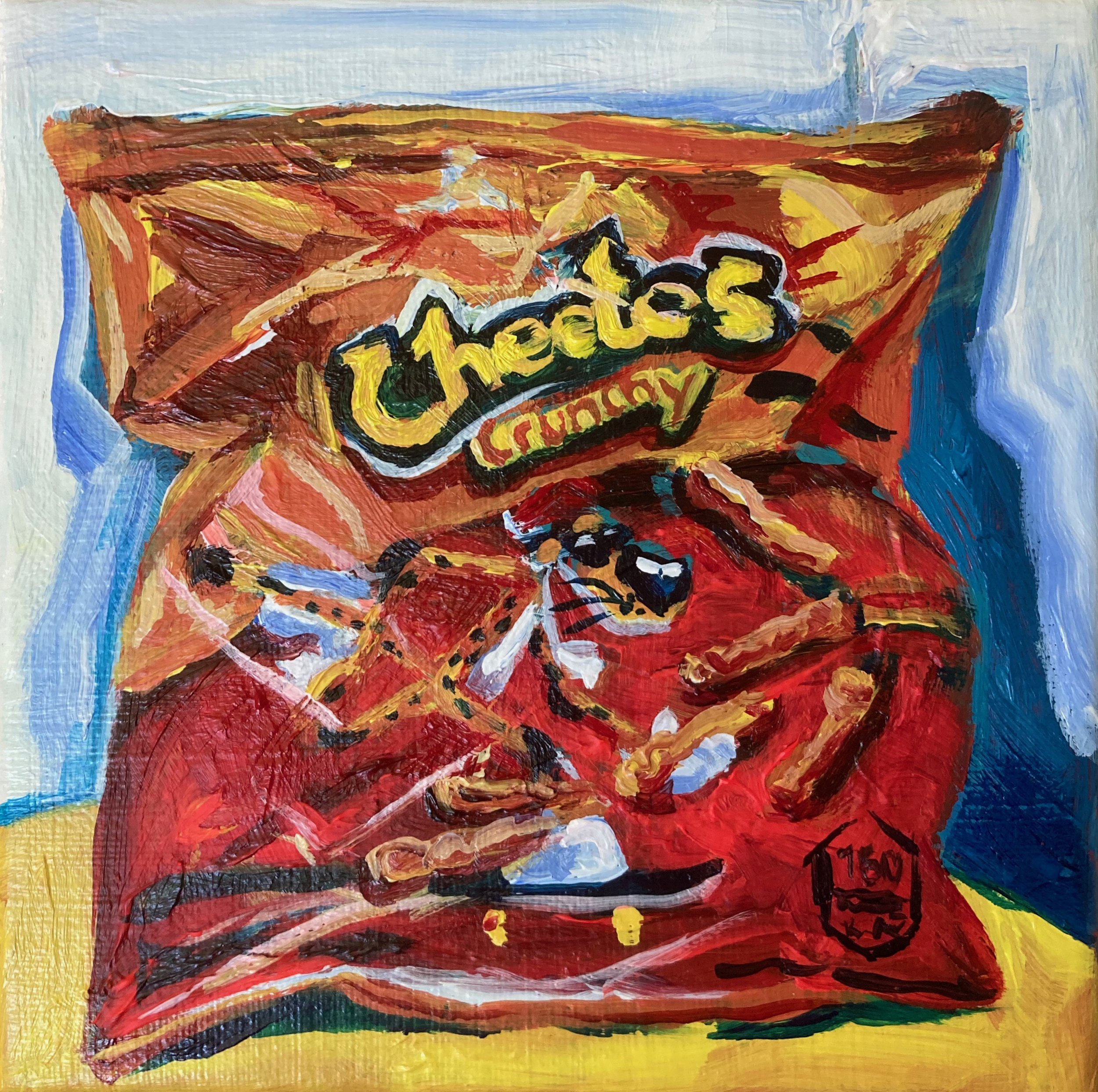 "Cheetos". 2024. Acrylic on Canvas. 6 x 6 in. $110.