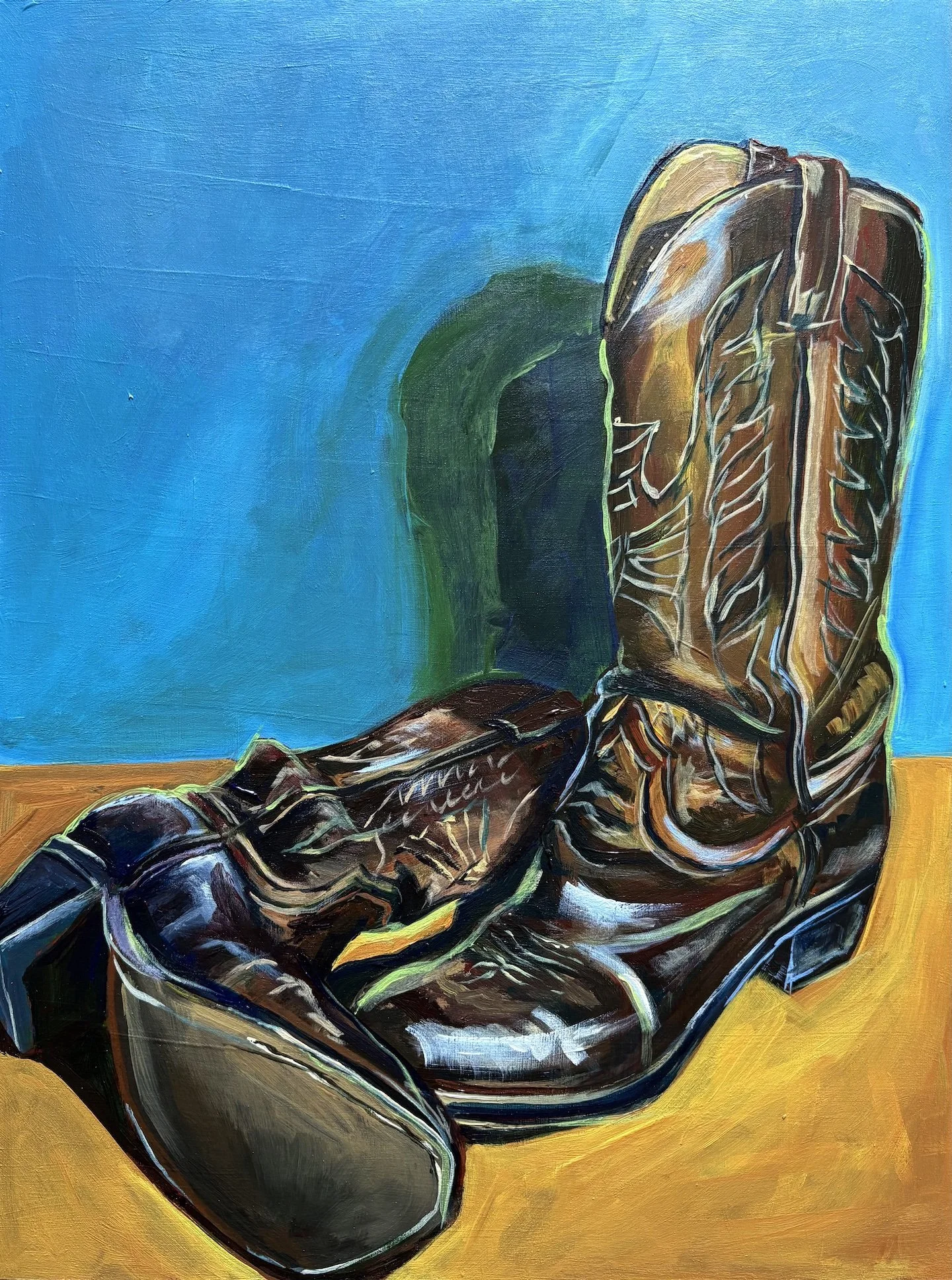"Boots III." 2025. Acrylic on Wood. 16 x 12 in. $380.
