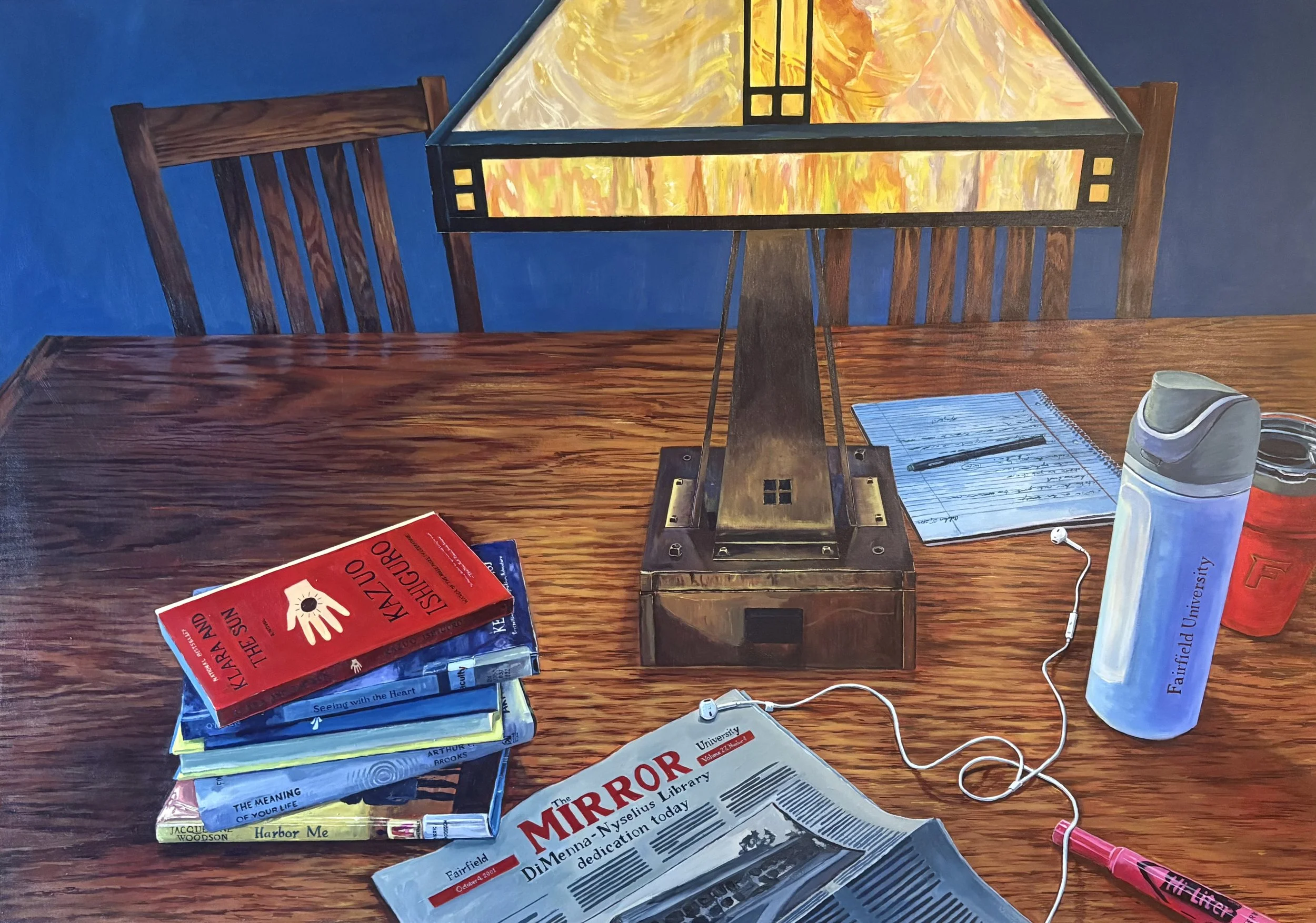 "Sit With Me." 2026. Acrylic on Canvas. 42 x 60. Commission for Fairfield University's DiMenna-Nyselius Library.