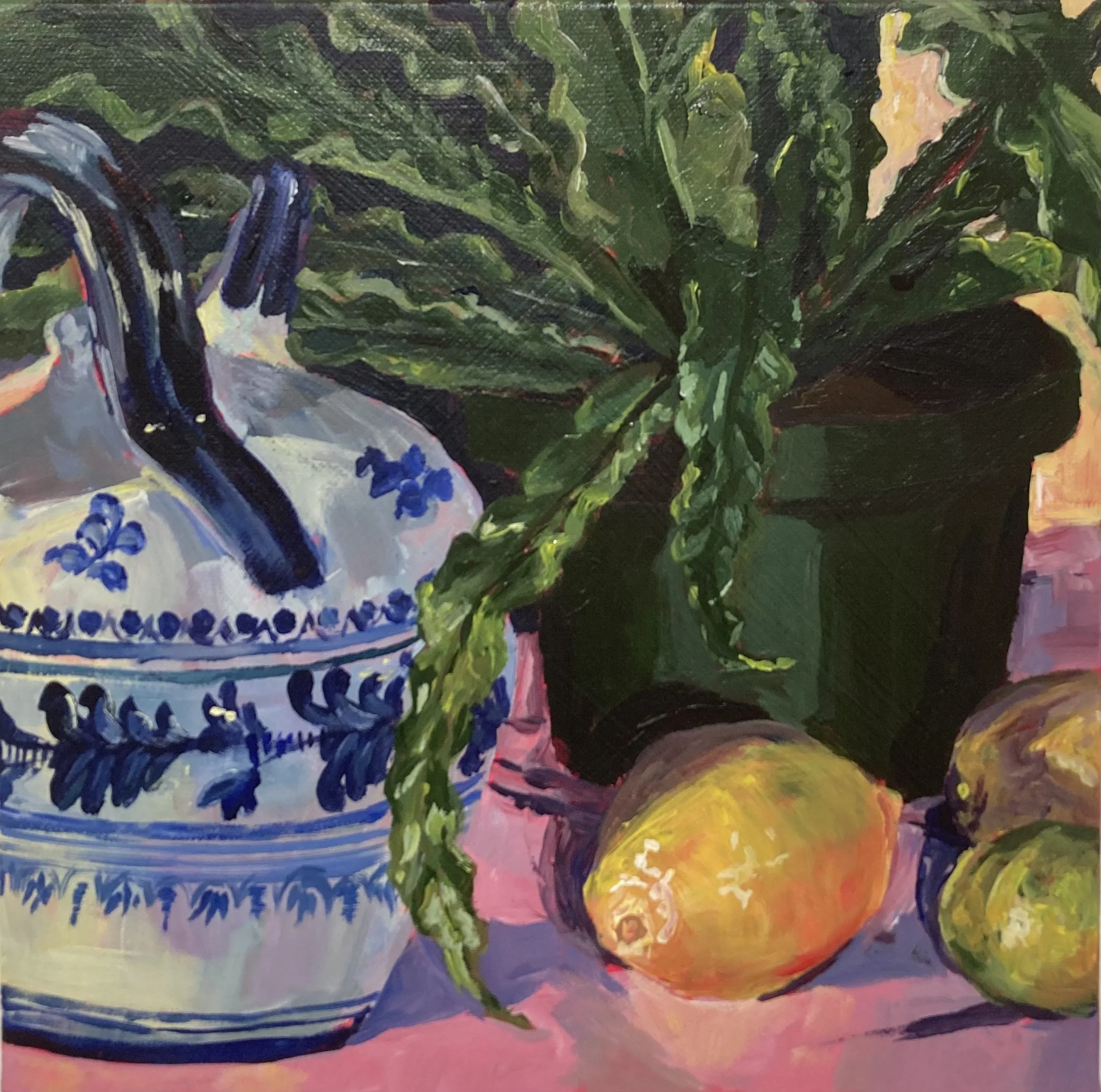 "Pitcher with Lemons and Limes." 2023. Acrylic on Canvas. 10 x 10 in. $240.