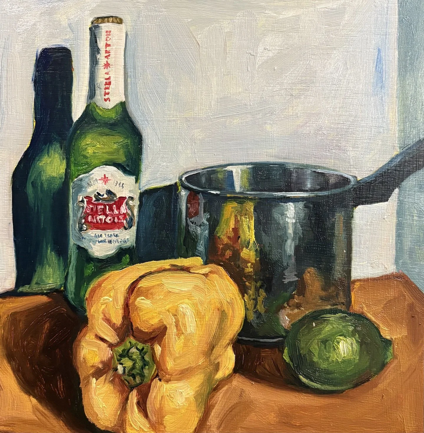 
"Yellow Pepper and A Stella." 2025. Oil on Wood. 12 x 12 in. $240. 