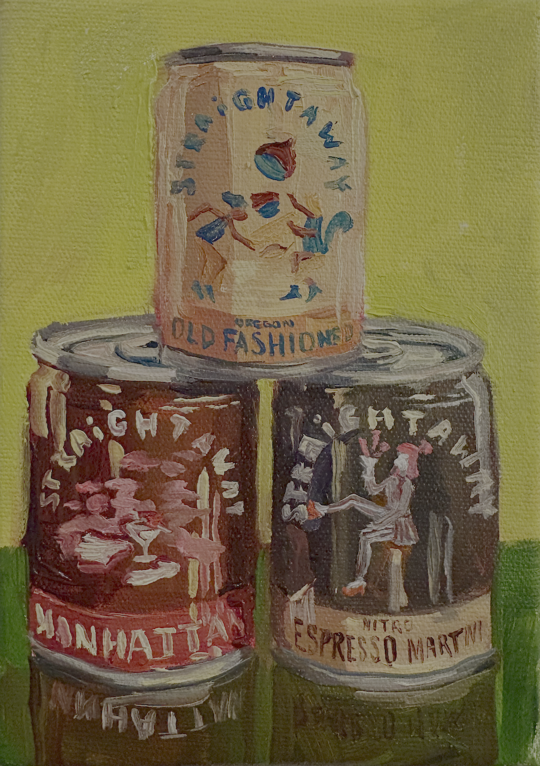 "Cocktail in a Can II (Straightaway)". Oil on Canvas. 7 x 5 in. 2026. $110.