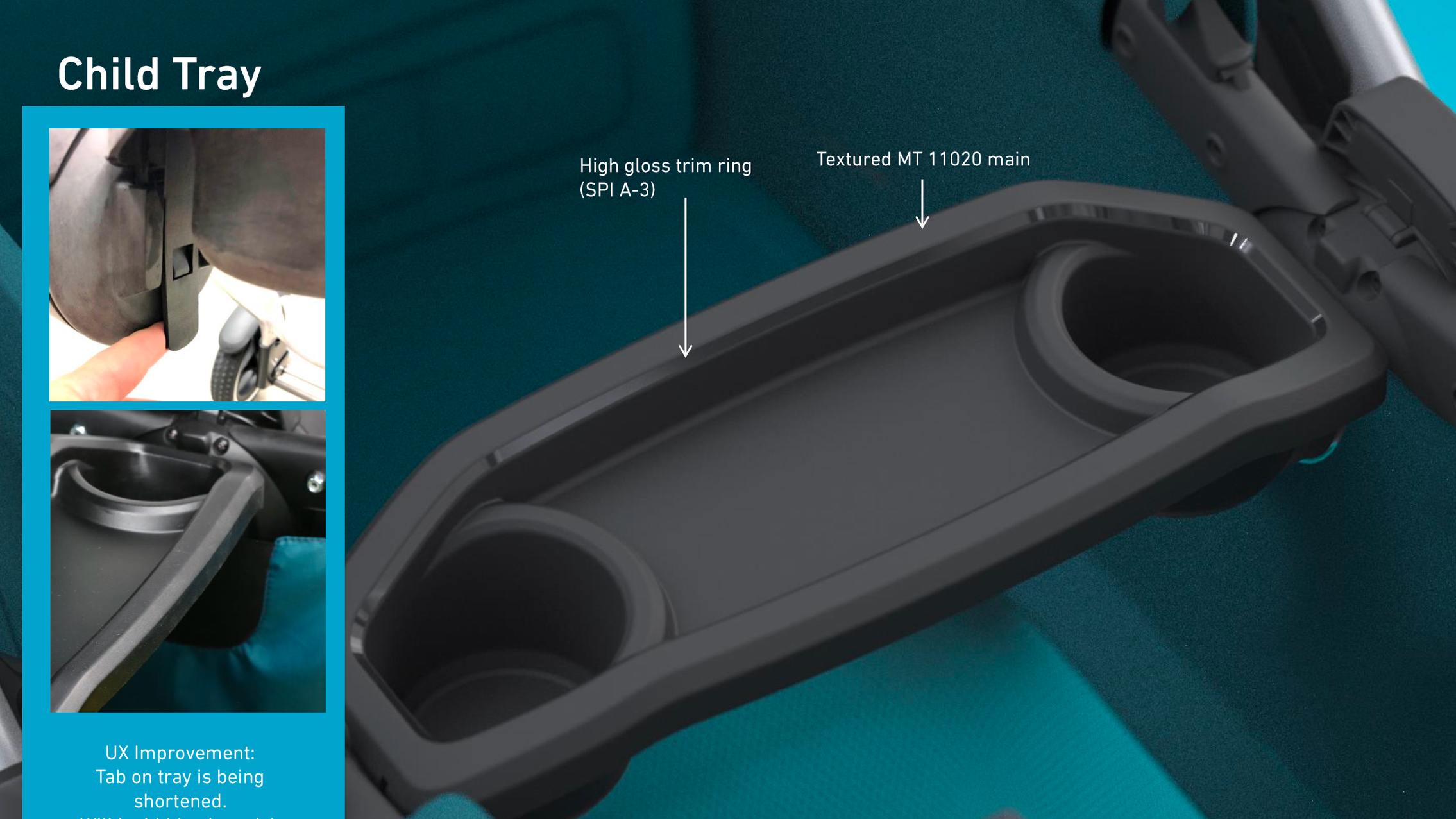 Children's tray to accommodate two drinks, a snack, and whatever toys your kiddo wants.