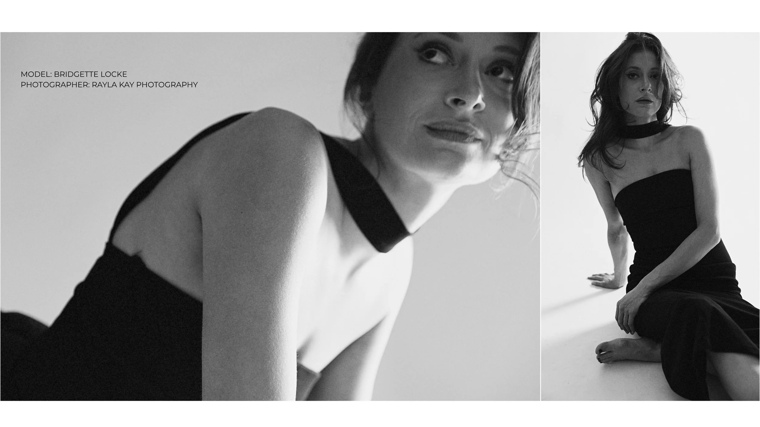 Black-and-white film noir inspired model portraits featuring dramatic posing, movement and a black dress photographed by Rayla Kay Photography.