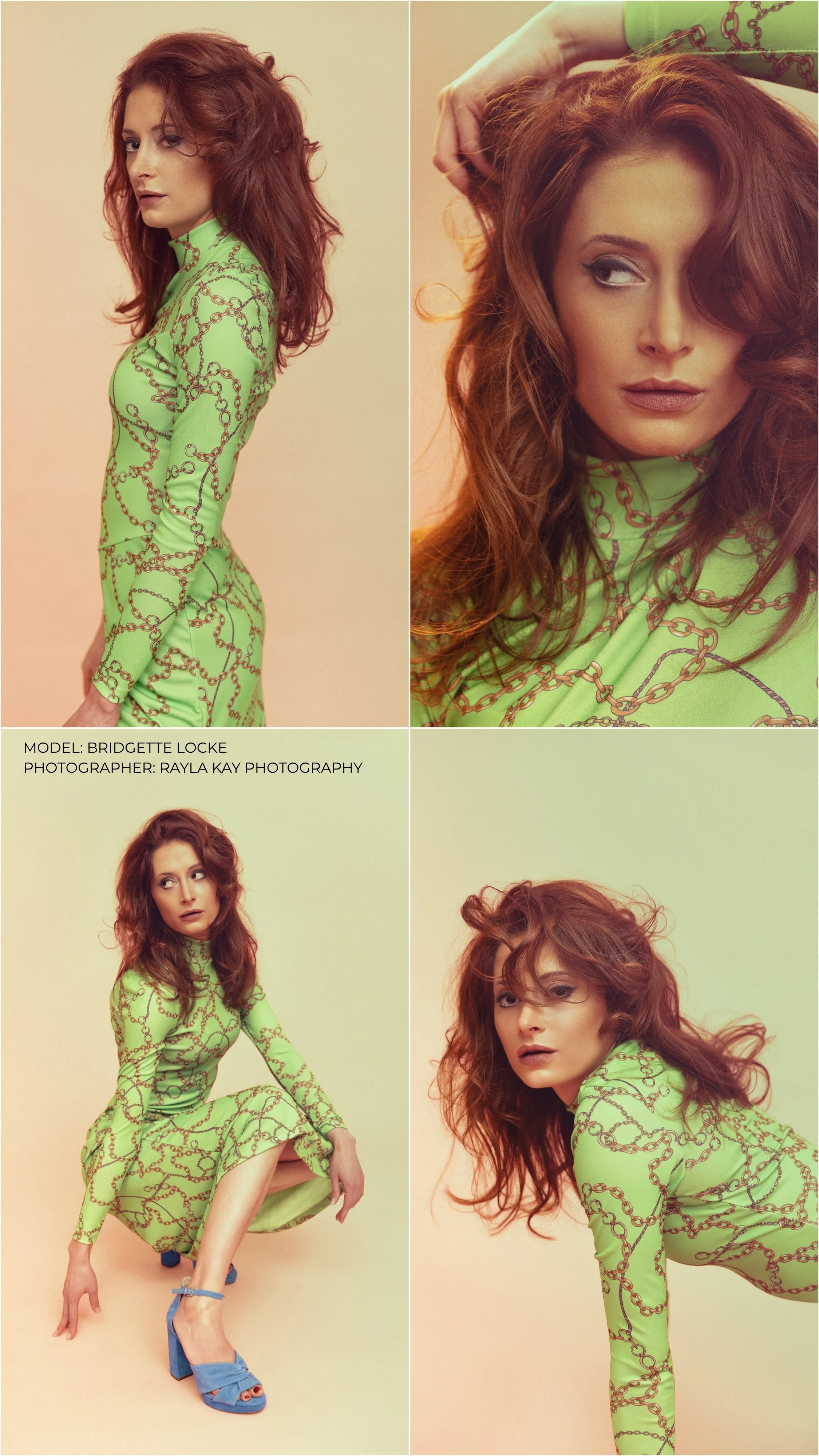 Vintage editorial model Bridgette Locke wearing a bright green patterned dress with auburn hair during an Old World Retro photoshoot for Rayla Kay Photography.