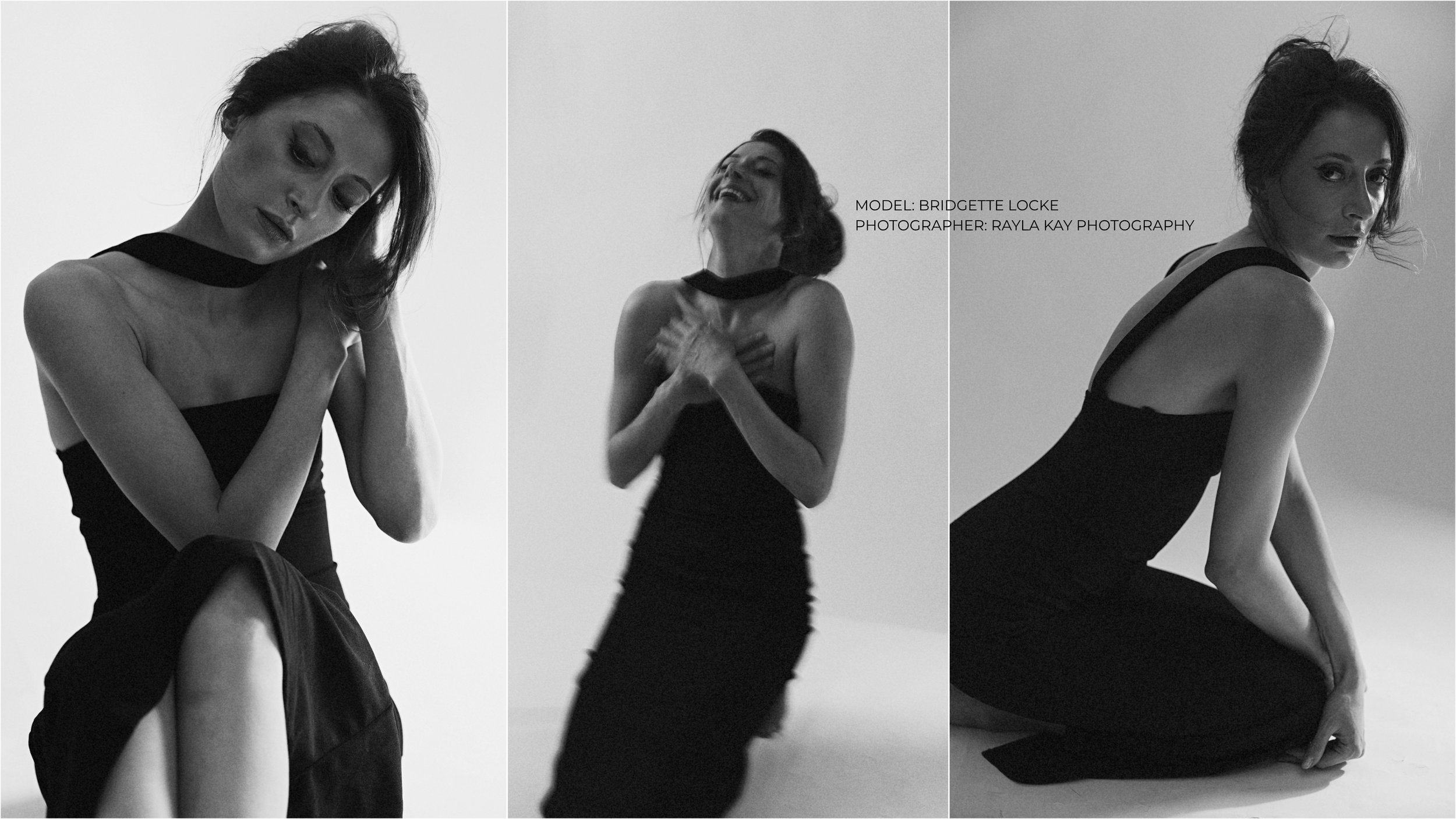 Black-and-white film noir inspired model portraits featuring dramatic posing, movement and a black dress photographed by Rayla Kay Photography.