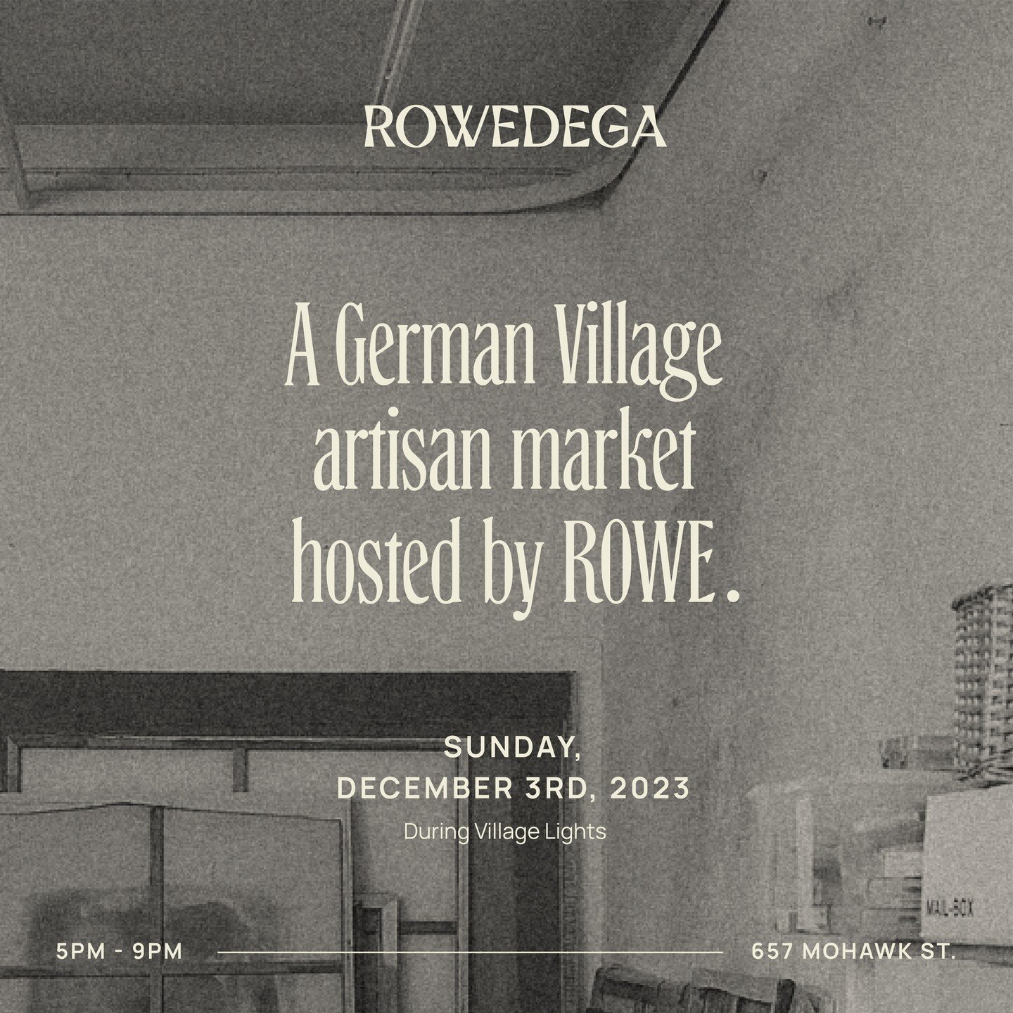 We&rsquo;re opening our ROWE Studio for our first Rowedega artisan market event on Sunday, December 3, from 5 to 9PM. (During Village Lights)

Select local Columbus artists will be selling their work (including some of our very own Rowers)! 

Our art