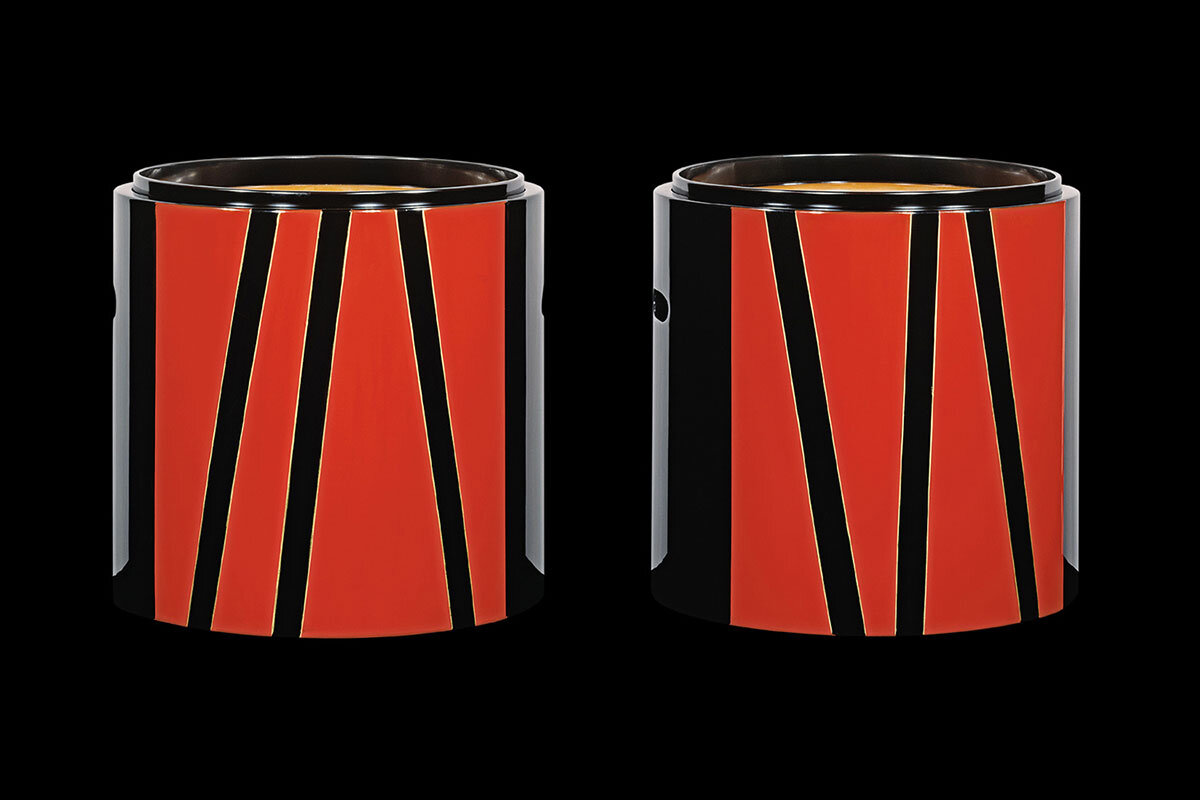 Shiota Masa, Pair of Lacquer Braziers with Modernist Rising Sun Motif