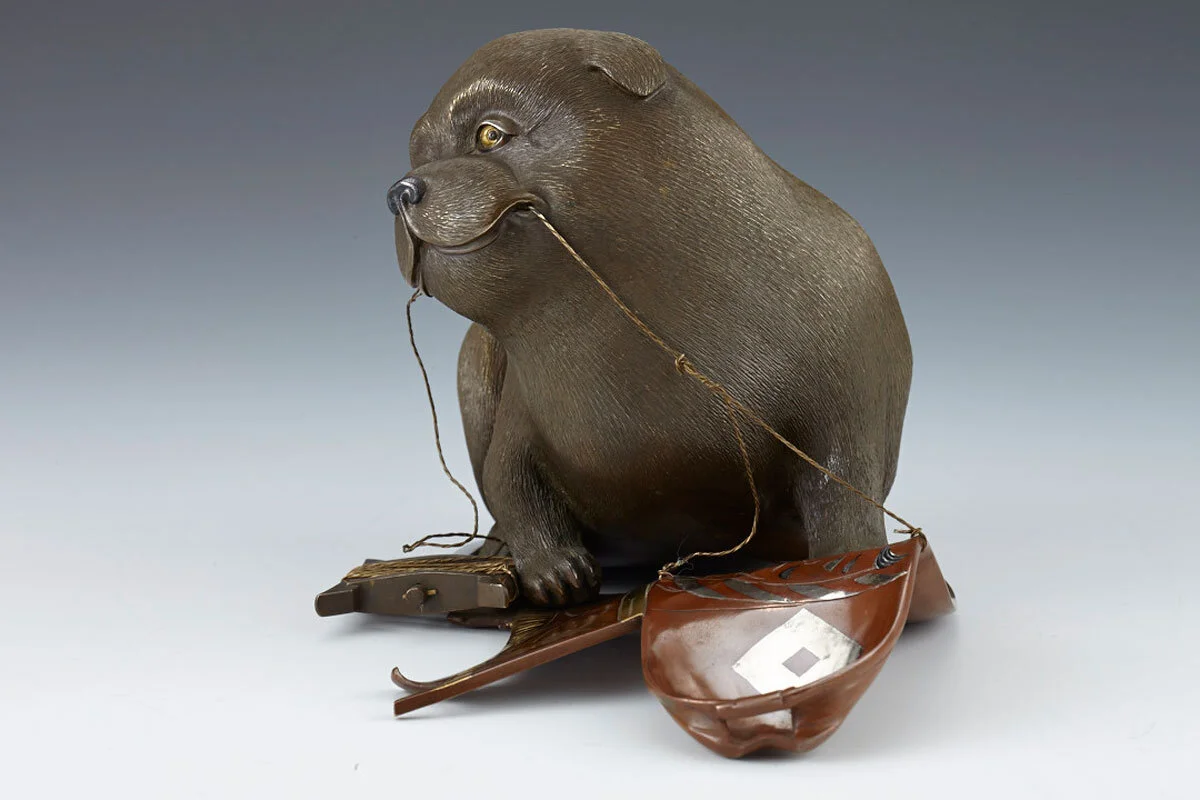 Kitagawa Hokusen, Inlaid Bronze Okimono of a Puppy Playing
