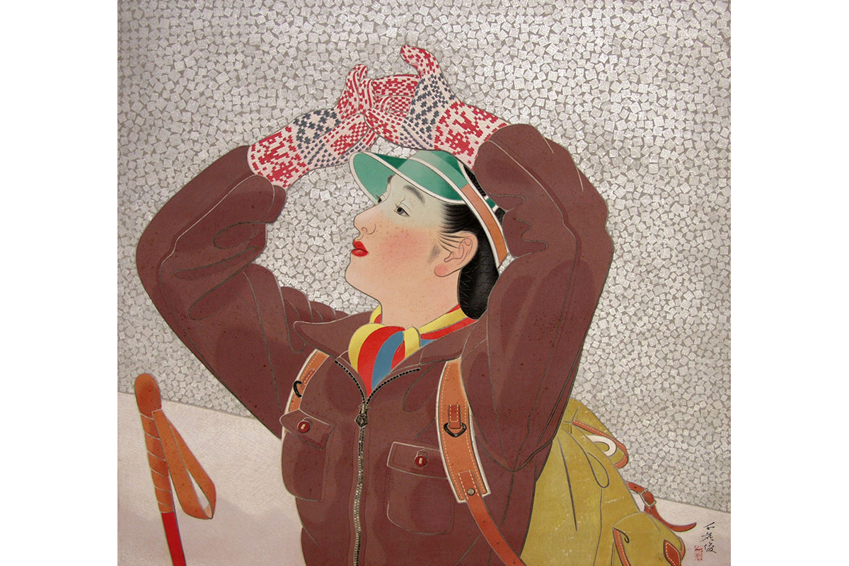 Enomoto Chikatoshi, Painting of a Young Beauty Hiking in Snow — KAGEDO