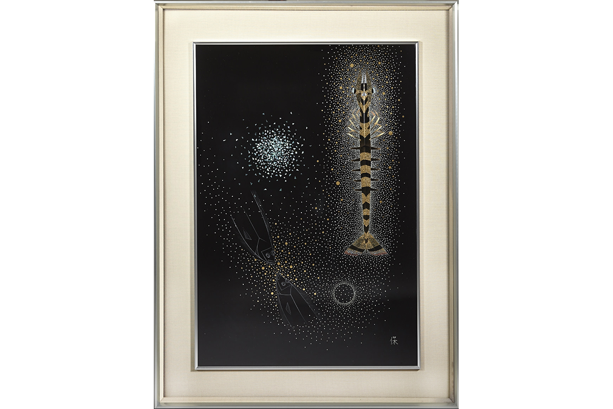 Onaga Tamotsu, Lacquer Painting Abstract Undersea Motif & Shrimp