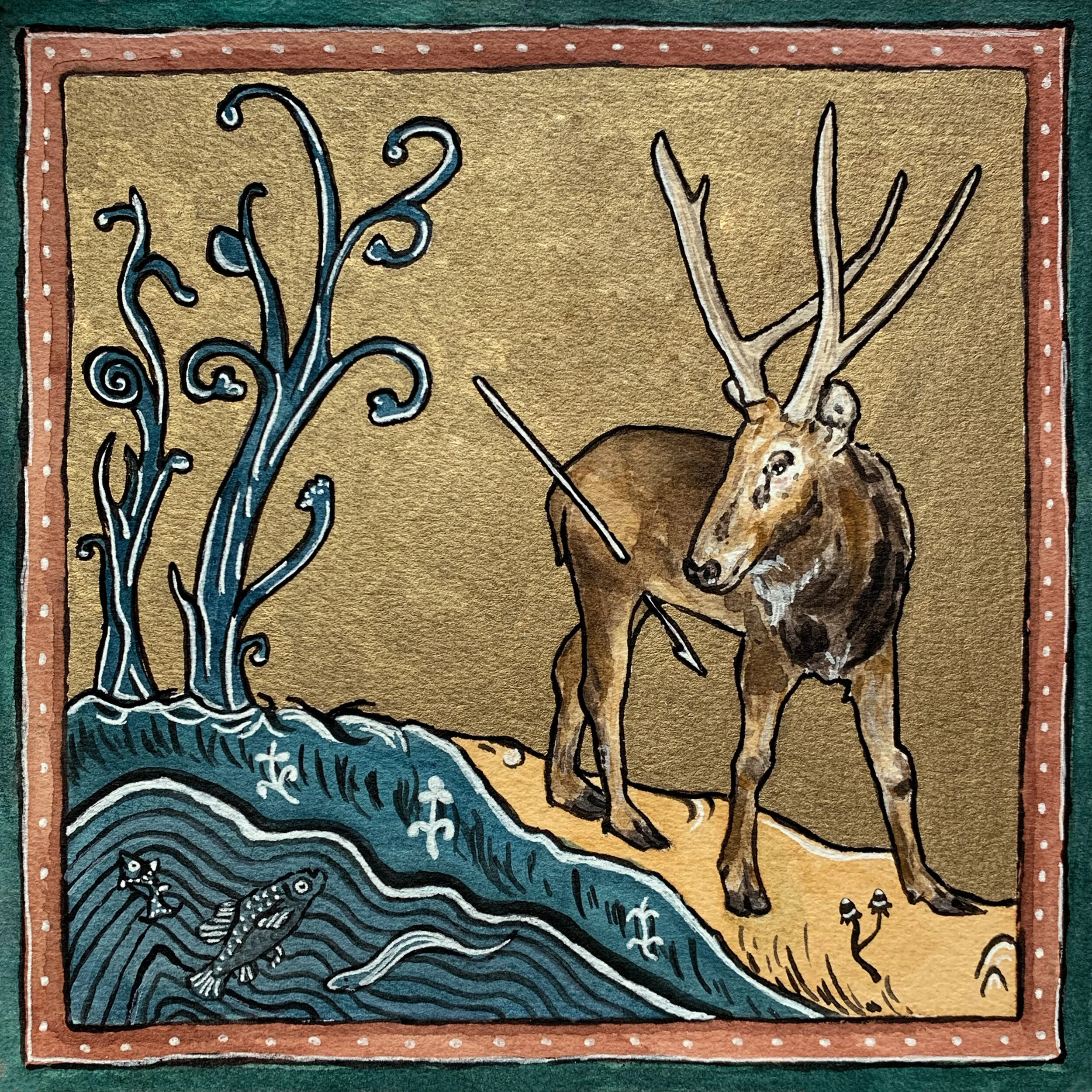 He seeketh this herb and eateth it, 2019,
Watercolor,
6.25” x 6.25”,
Père David’s Deer.