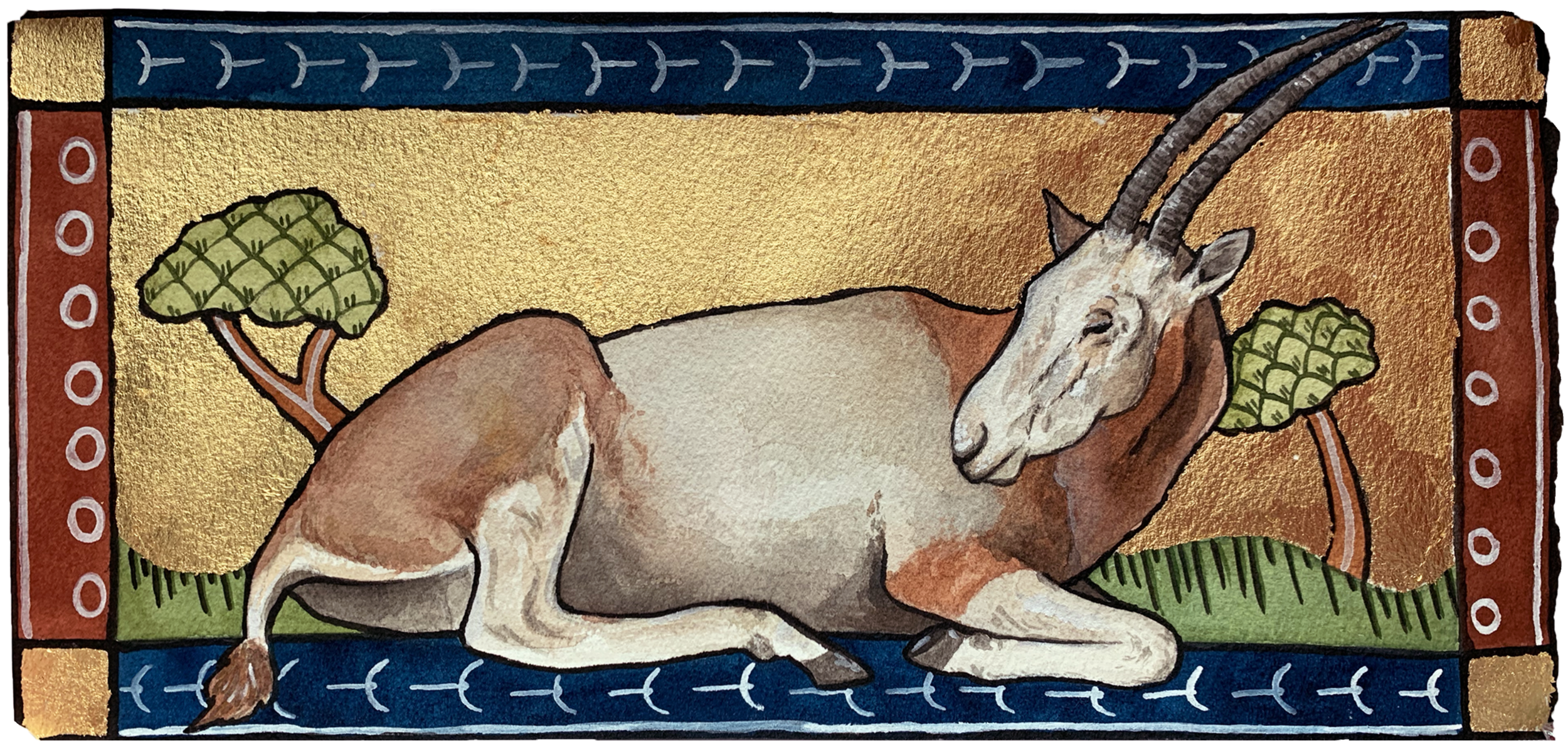 Hippoi Monokerata, 2019,
Watercolor and gold leaf,
11.25” x 6.25”,
Scimitar-Horned Oryx.
