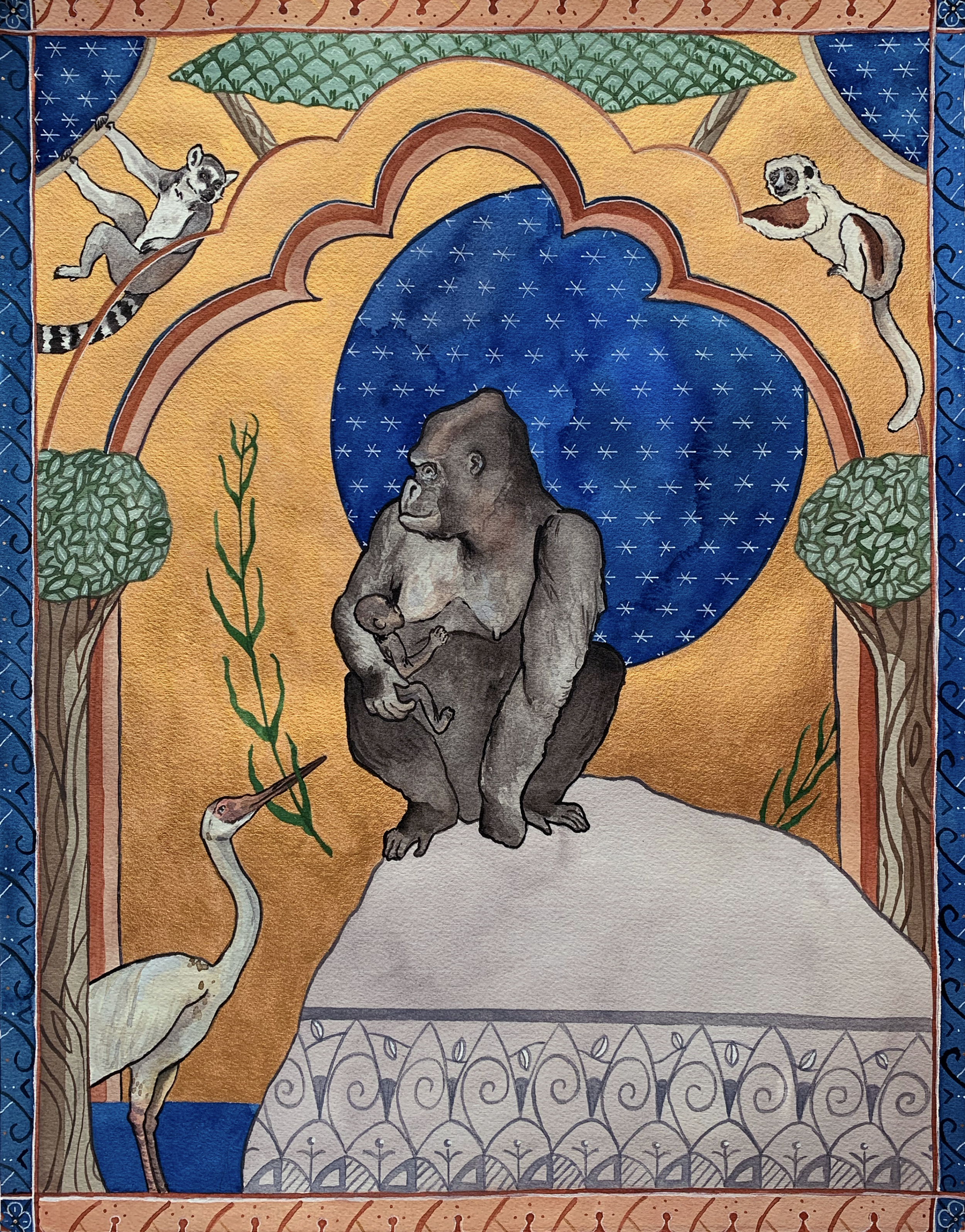 Mama na Mtoto, 2019,
Watercolor,
14” x 17”,
Western Lowland Gorilla.