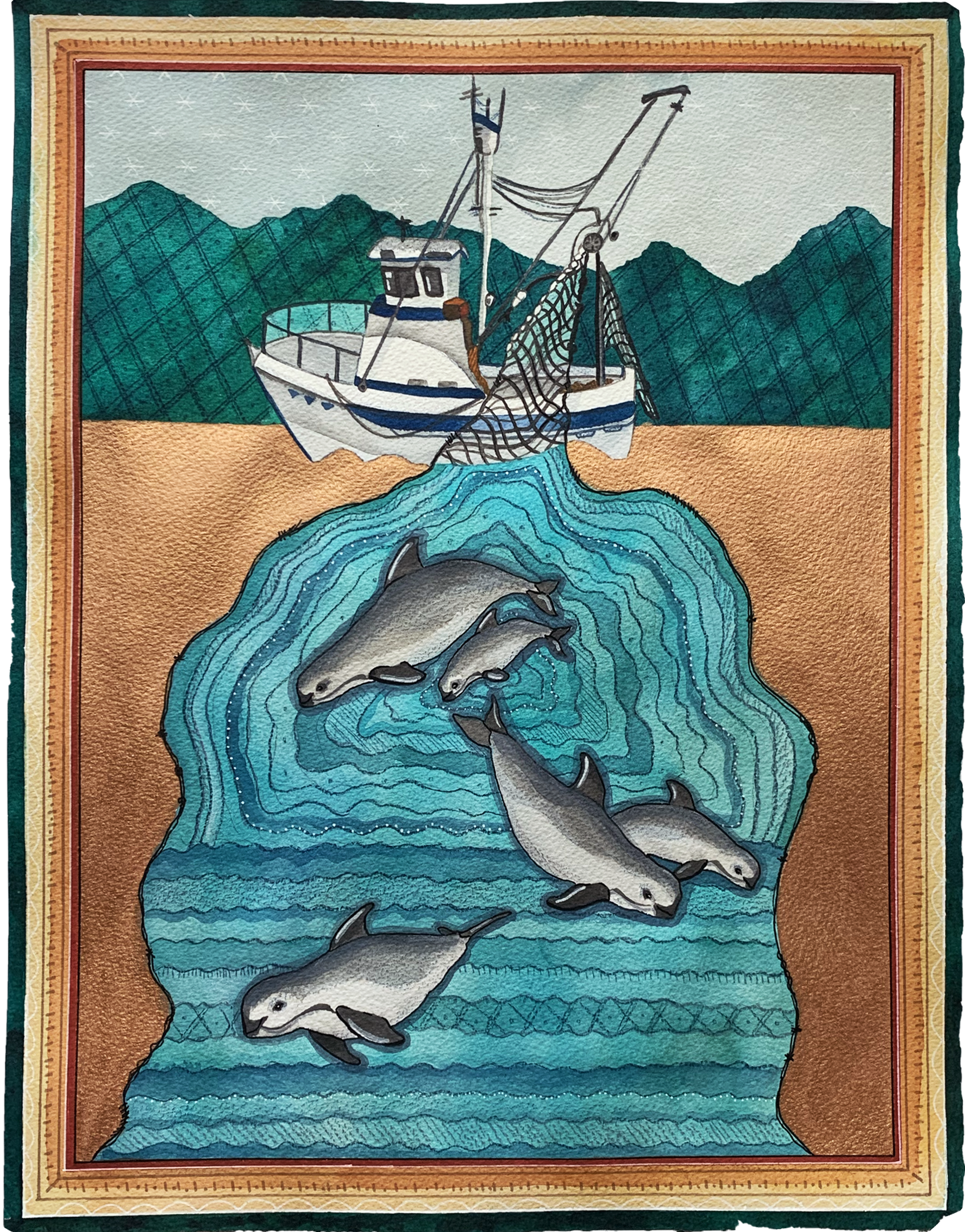 Mistaken for Cetus, 2019,
Watercolor,
14” x 18”,
Vaquita.