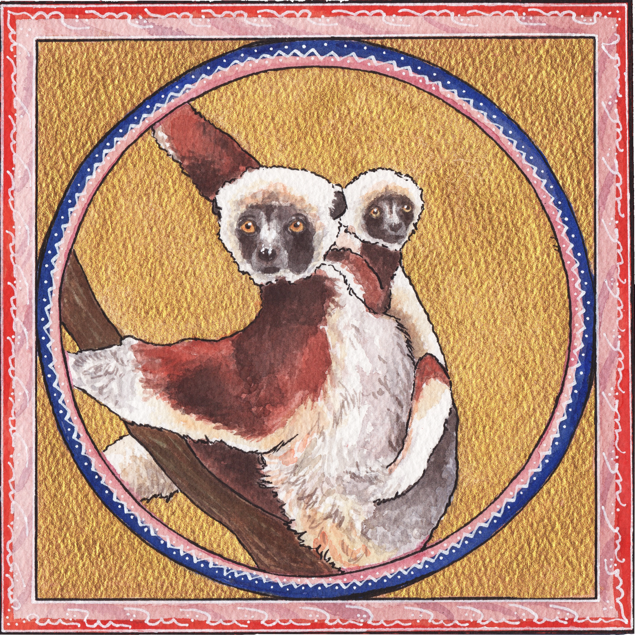 Safety with Mother, 2019,
Watercolor,
7” x 7”,
Coquerel’s Sifaka.