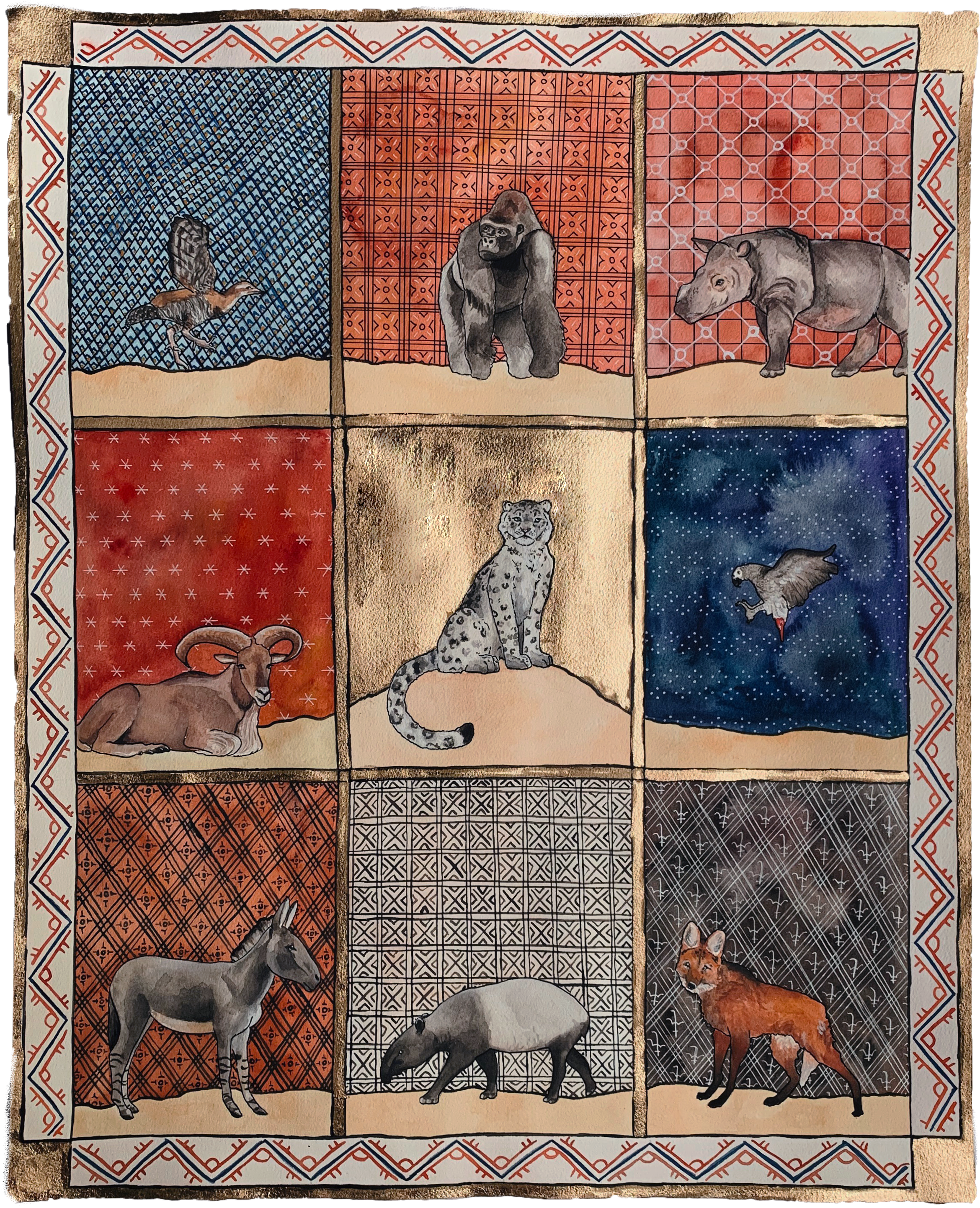 The Bestiary, 2019,
Watercolor and gold leaf,
20” x 25”,
Guam Rail, Western Lowland Gorilla, Sumatran Rhinoceros, Egyptian Barbary Sheep, Snow Leopard, African Grey Parrot, Somali Wild Ass, Malayan Tapir, Maned Wolf.