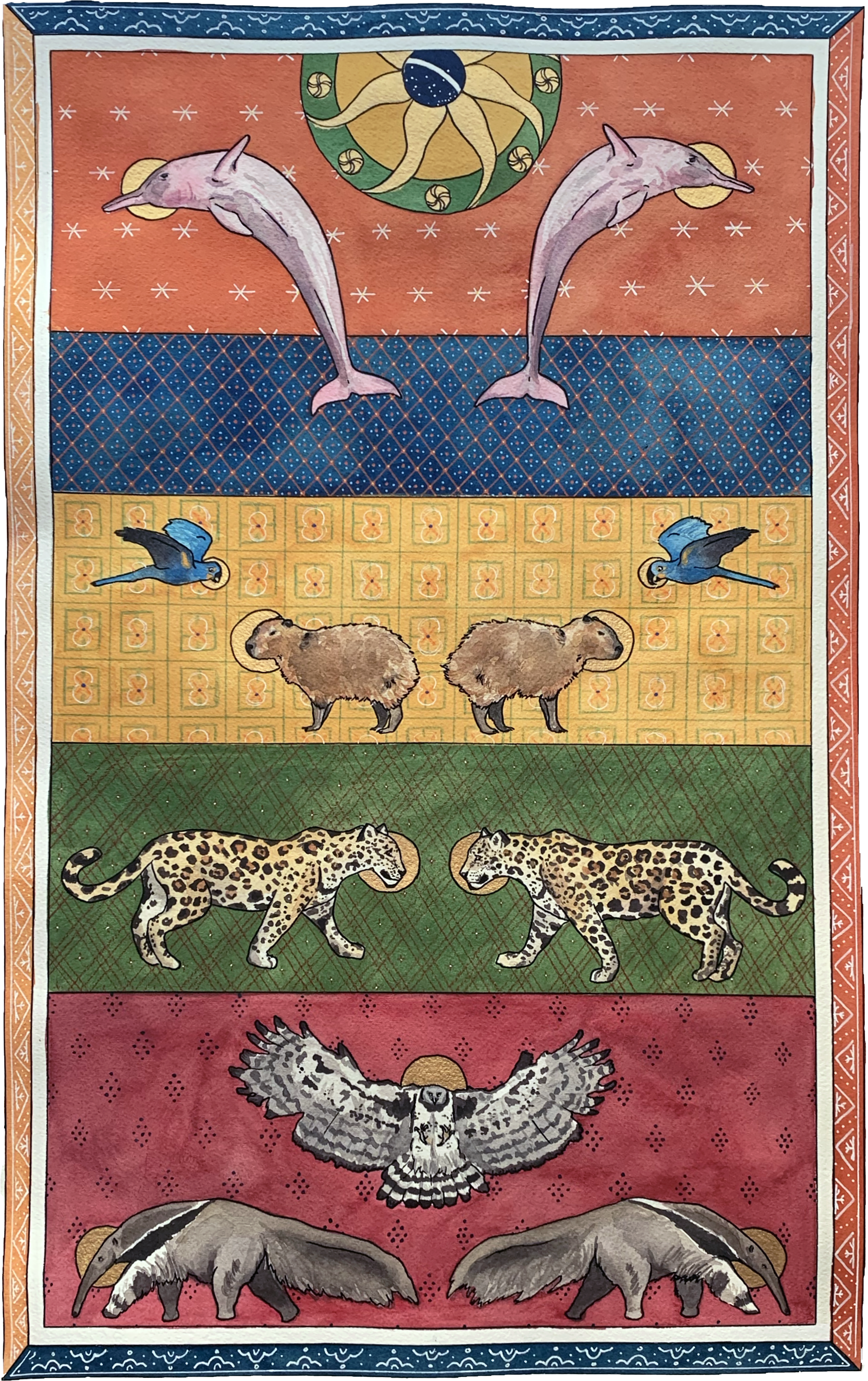 The Lungs of the Earth, 2019,
Watercolor,
12” x 18” ,
Amazon River Dolphin, Hyacinth Macaw, Jaguar, Capybara, Giant Anteater, Harpy Eagle.