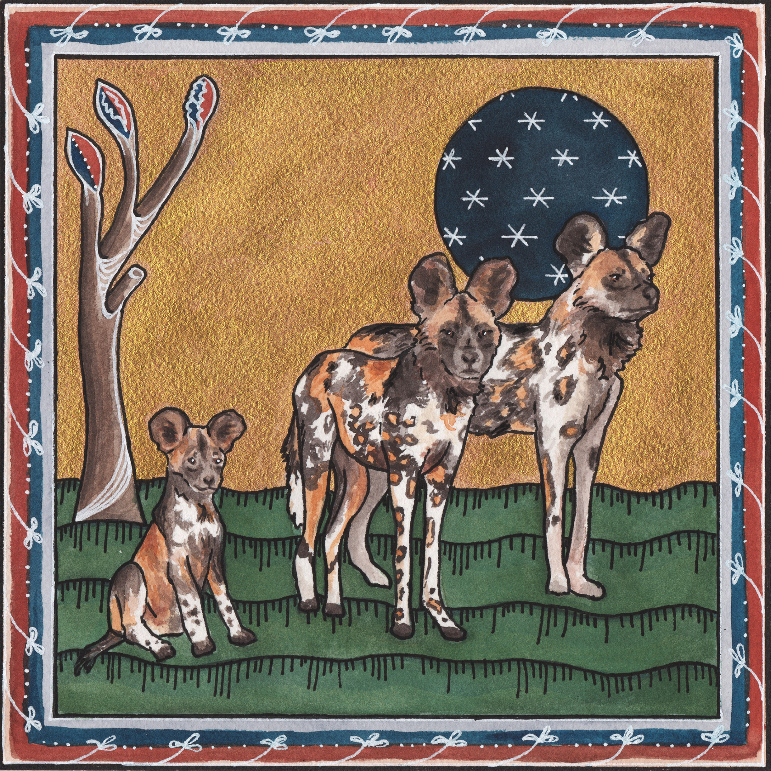 The Pack Survives, 2019,
Watercolor,
7” x 7”,
African Painted Dog.