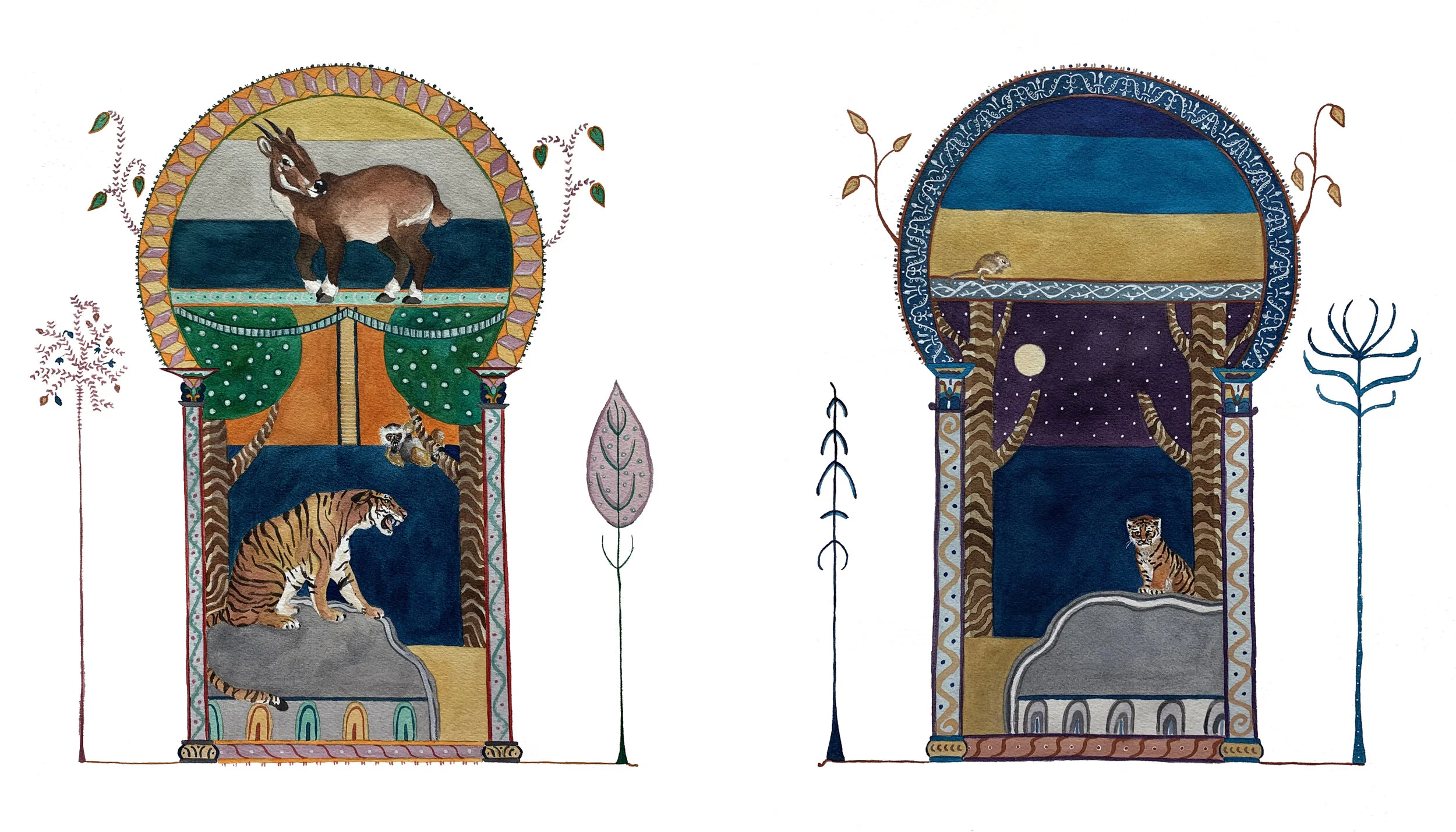 Yesterday and Tomorrow, 2019,
Watercolor,
Each 13” x 16”,
Saola, San Quentin Kangaroo Rat, Diademed Sifaka, South China Tiger.
