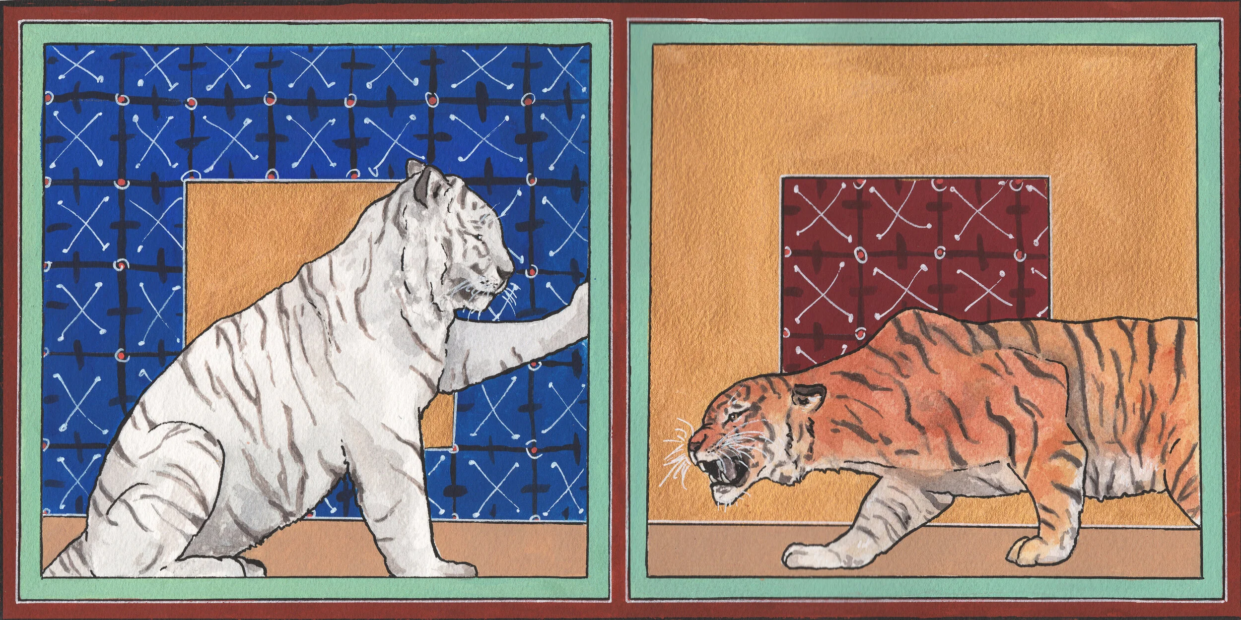 A Tiger is Not a Slave, 2020,
Watercolor and gouache,
7” x 14”,
Bengal Tiger, South China Tiger.