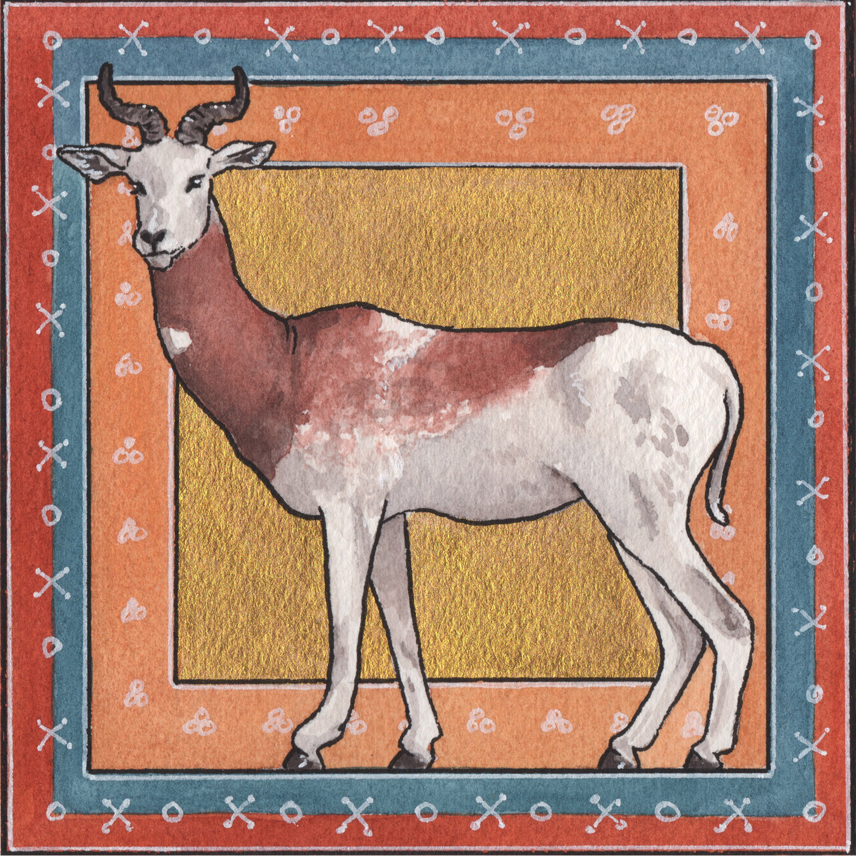 Admired to Exodus, 2020,
Watercolor,
5” x 5”,
Dama Gazelle.