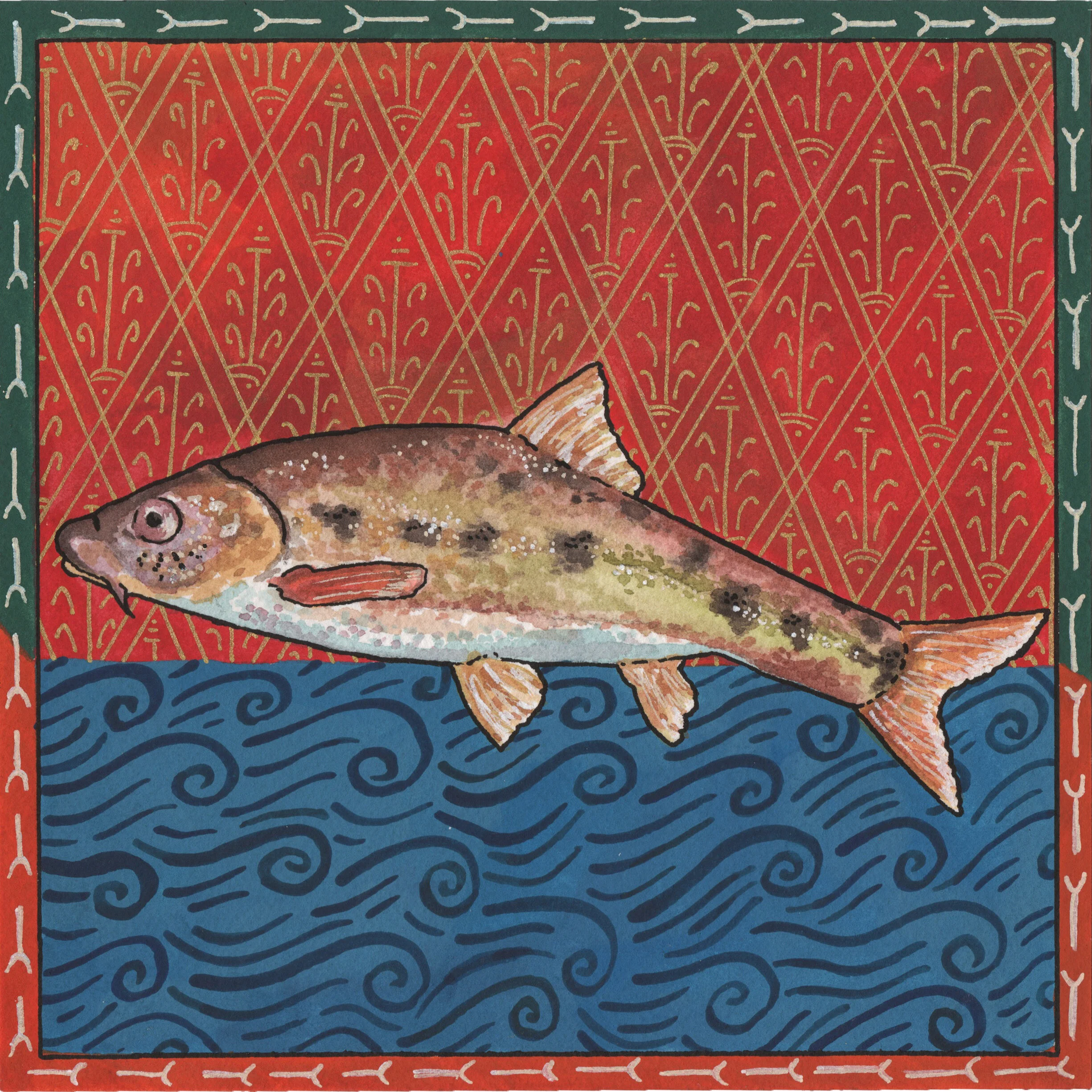 Golden in the Face of Pollution, 2020,
Watercolor and gouache,
7” x 7”,
Golden Line Fish.