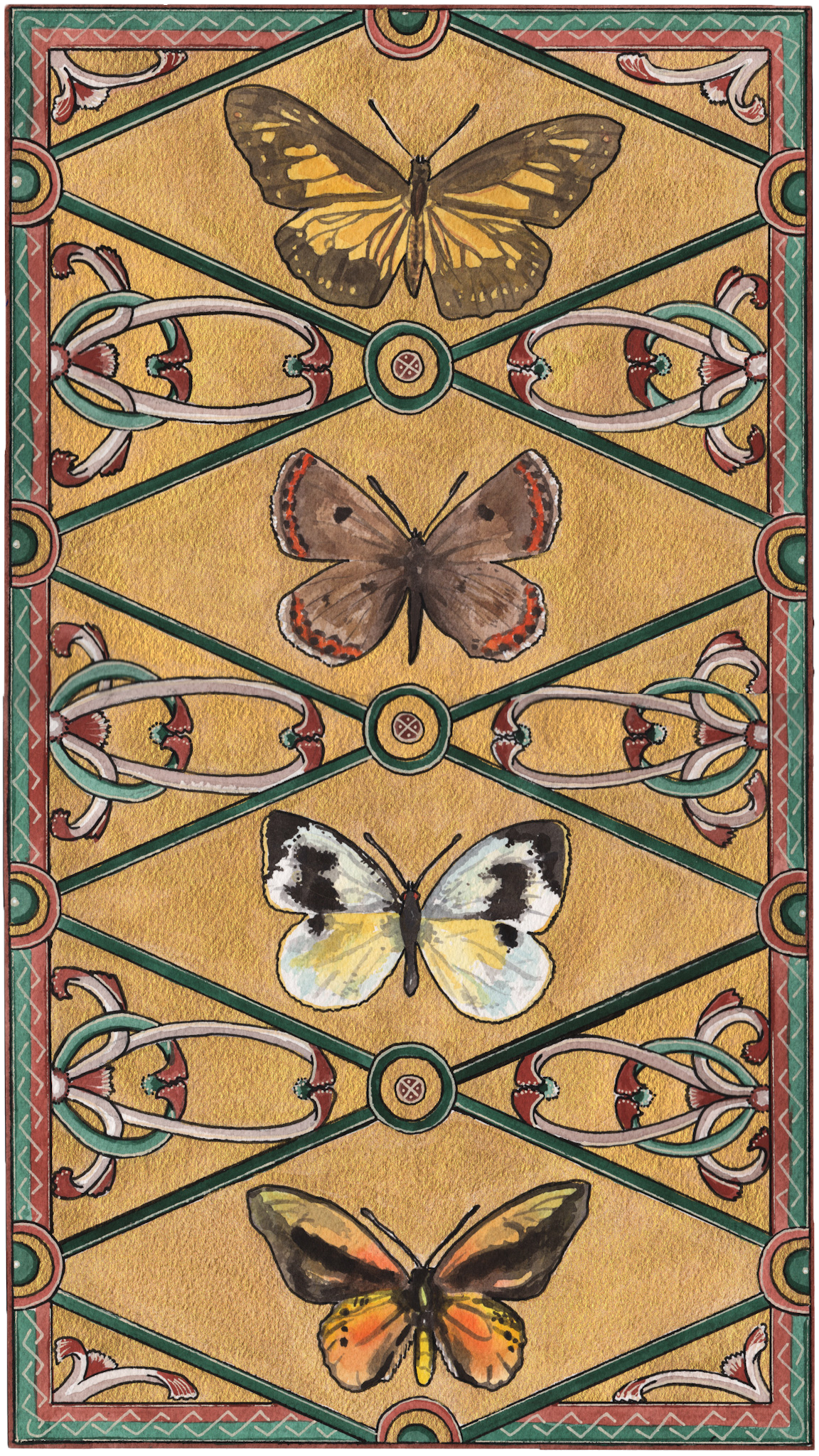Kaleidoscope of the Past, 2020,
Watercolor and acrylic,
9” x 16”,
Timor Yellow Tiger, Vogel’s Blue, Canary Islands Large White, Southern Tailed Birdwing.
