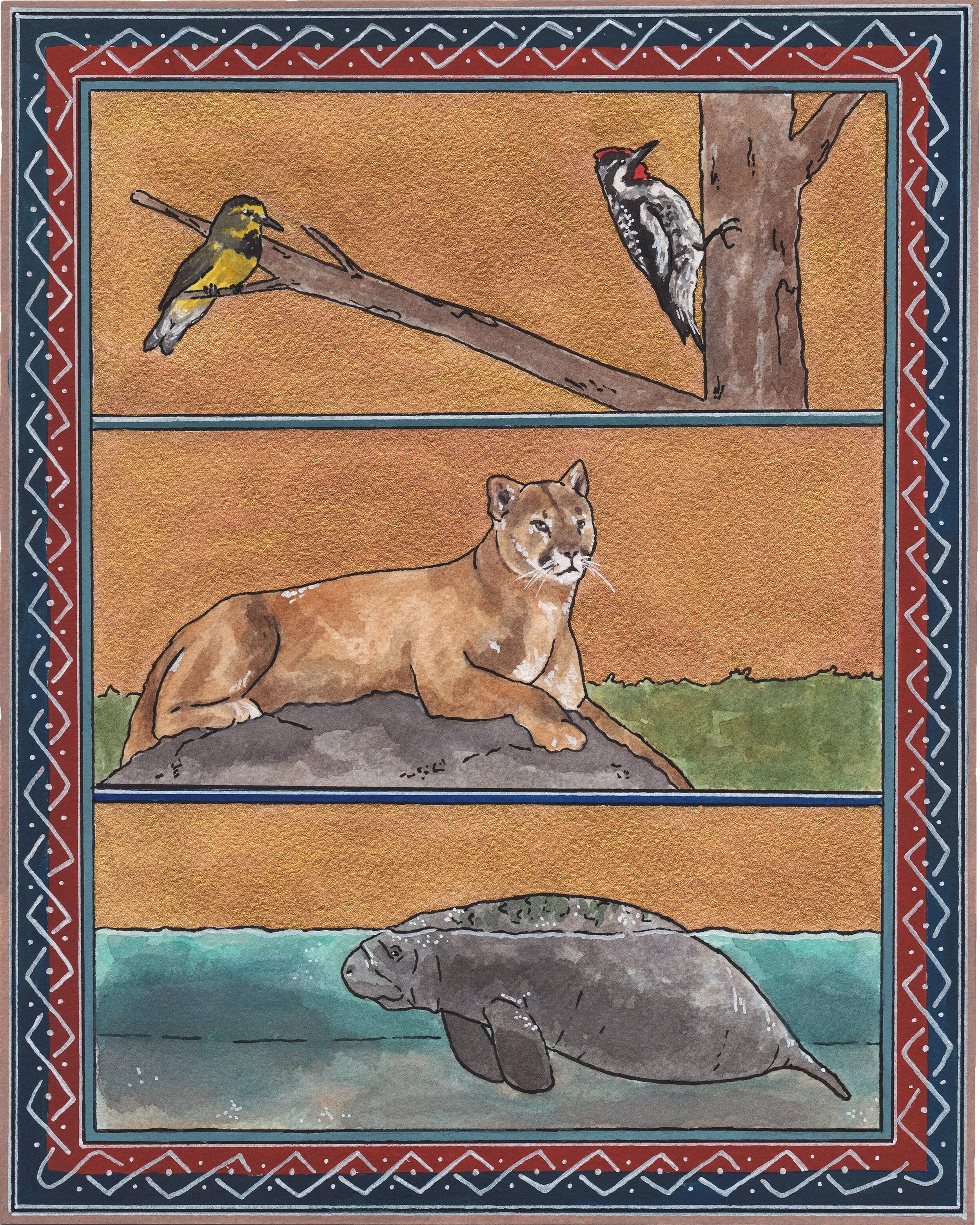 To Find a Home in South Carolina, 2020,
Watercolor and gouache,
8” x 10”,
Bachman’s Warbler, Red-Cockaded Woodpecker, Eastern Cougar, West-Indian Manatee.