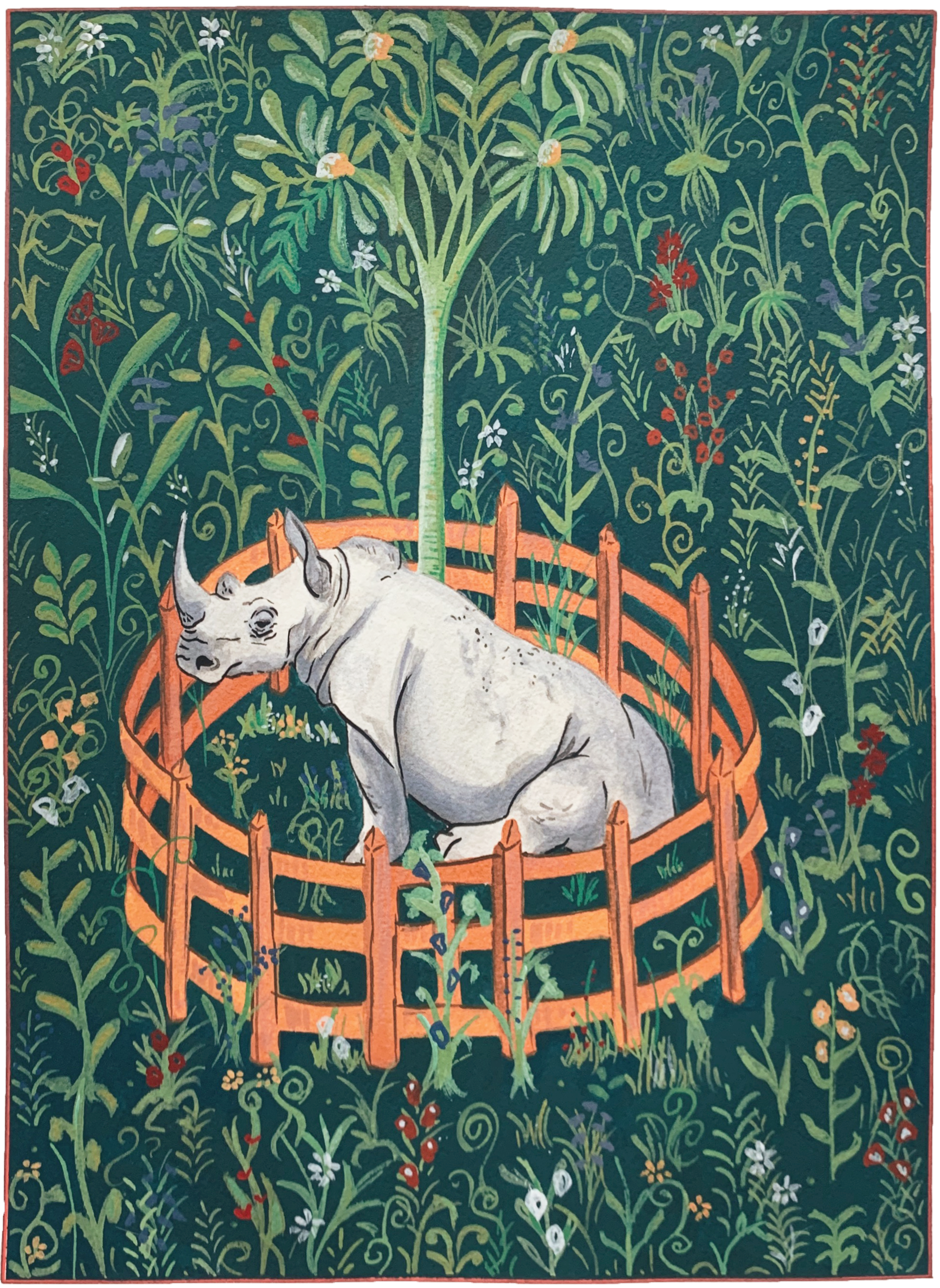 Unicorn in Captivity, 2020,
Acrylic gouache, 
9” x 12”,
White Rhinoceros.
