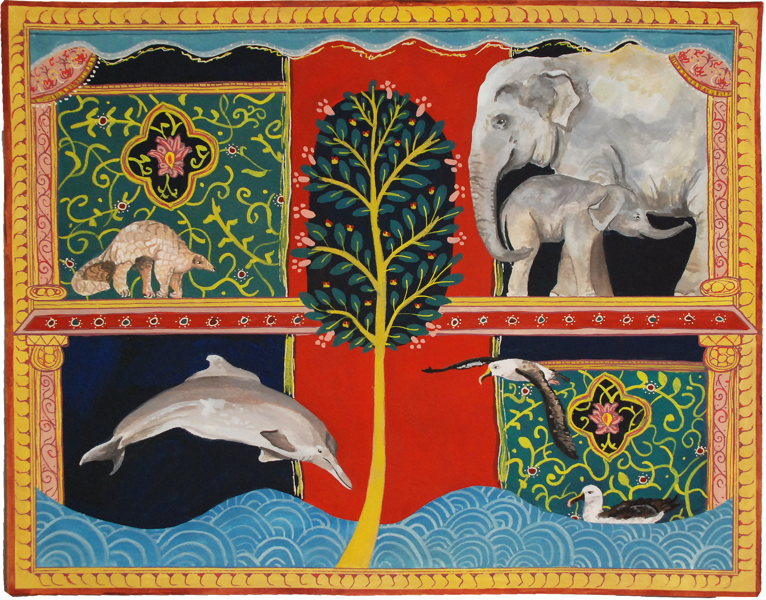 Tree of Paradise, 2020,
Gouache,
11” x 14”,
Indian Elephant, Indian Ocean Humpback Dolphin, Indian Pangolin, Indian Yellow-Nosed Albatross.