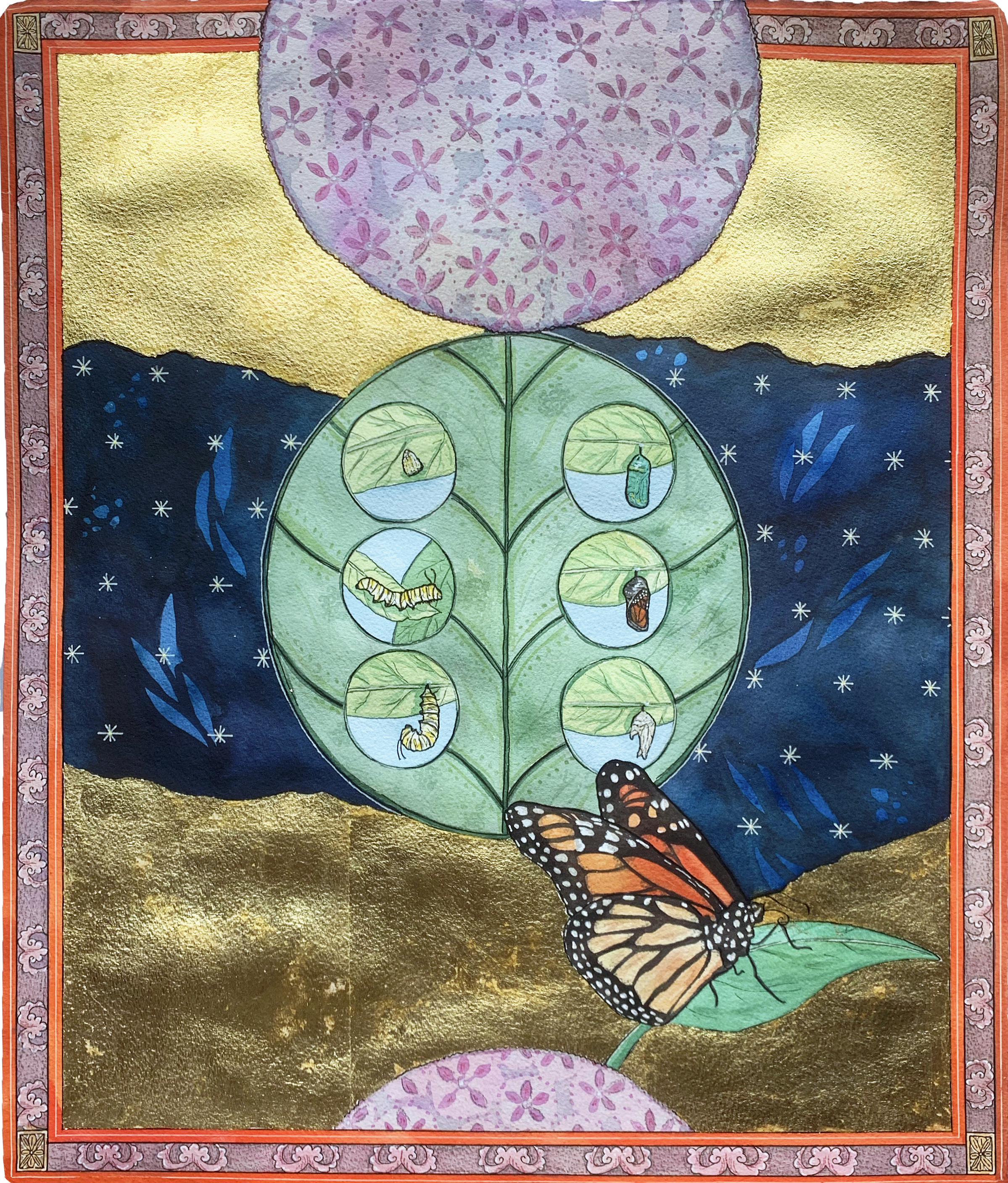 The Universe in Six Stages, 2020,
Watercolor and gold leaf,
18” x 21”,
Monarch Butterfly.