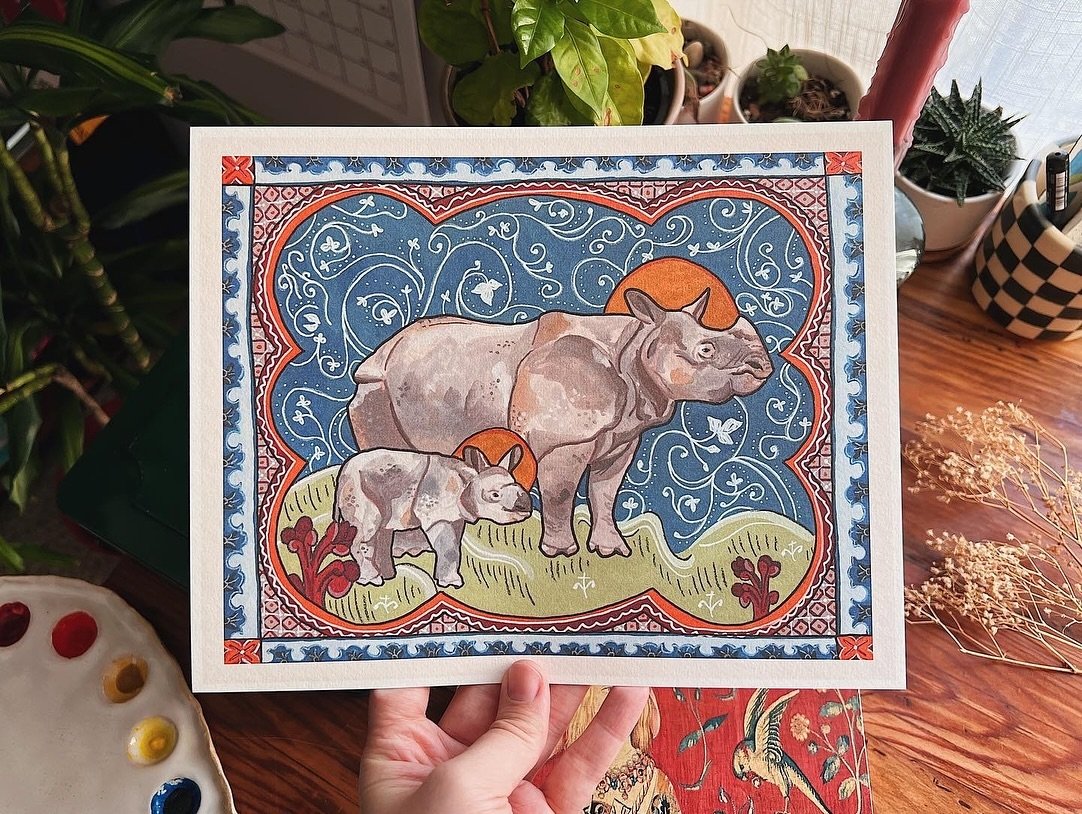 There&rsquo;s just a handful of these prints left and I&rsquo;m not sure when (or if) they&rsquo;ll be back! 🦏🐅 Featuring the Greater One-Horned Rhino, White Rhino, and Sumatran Tiger. 

#endangeredspecies #wildlifeart #medievalart