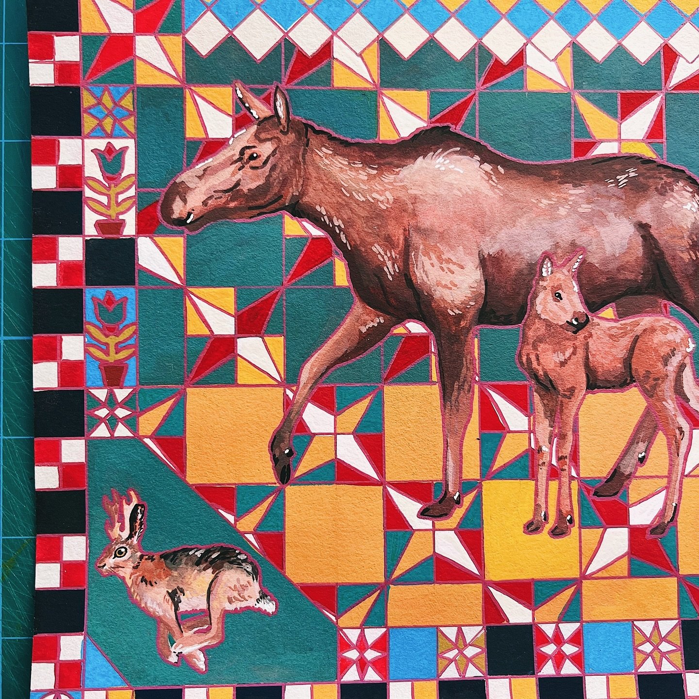 I somehow never shared close-ups of this gouache painting&hellip;so here it is now. This was a commission for a dear friend, featuring a mama moose and her calf, and a pair of mirrored jackalopes! 🫎🐇 Inspired by North American quilts in the folk ar