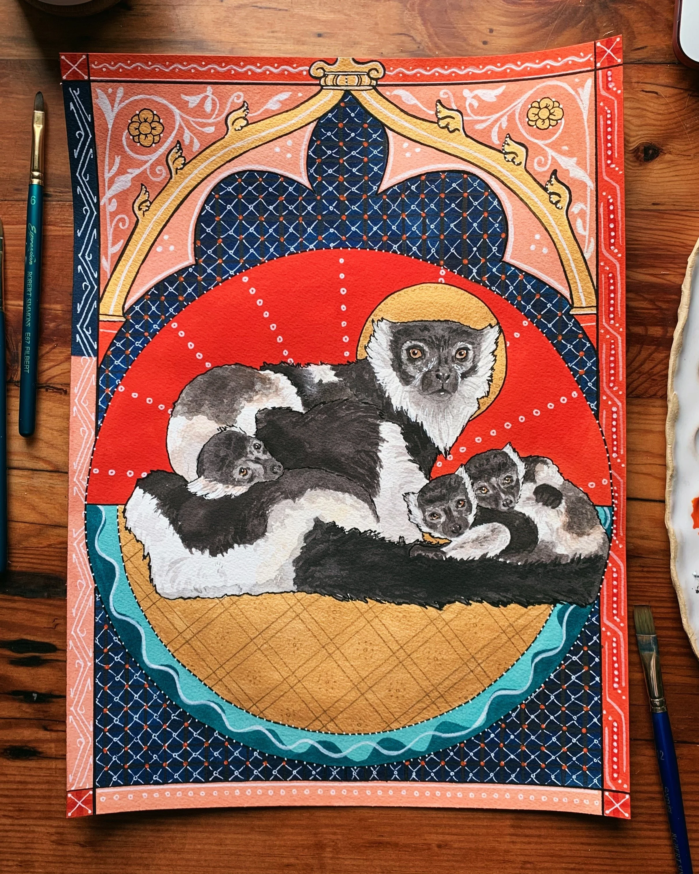 Mother and Child, II, 2020,
Watercolor, gouache and acrylic,
11” x 15,
Black-and White Ruffed Lemur.