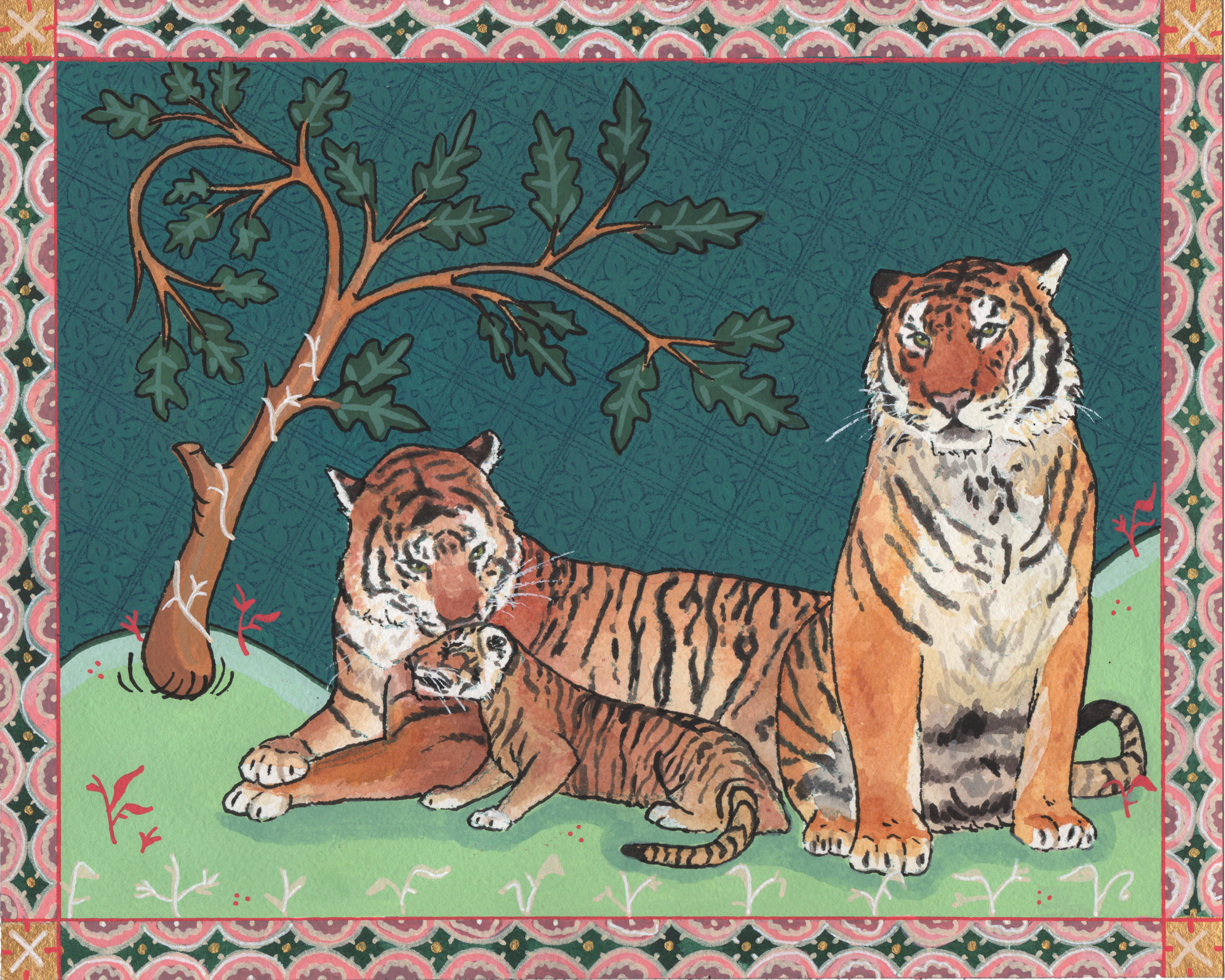 There’s Room in the Birch Forest, 2021,
Gouache, watercolor and colored pencil,
8” x 10”,
Siberian Tiger.