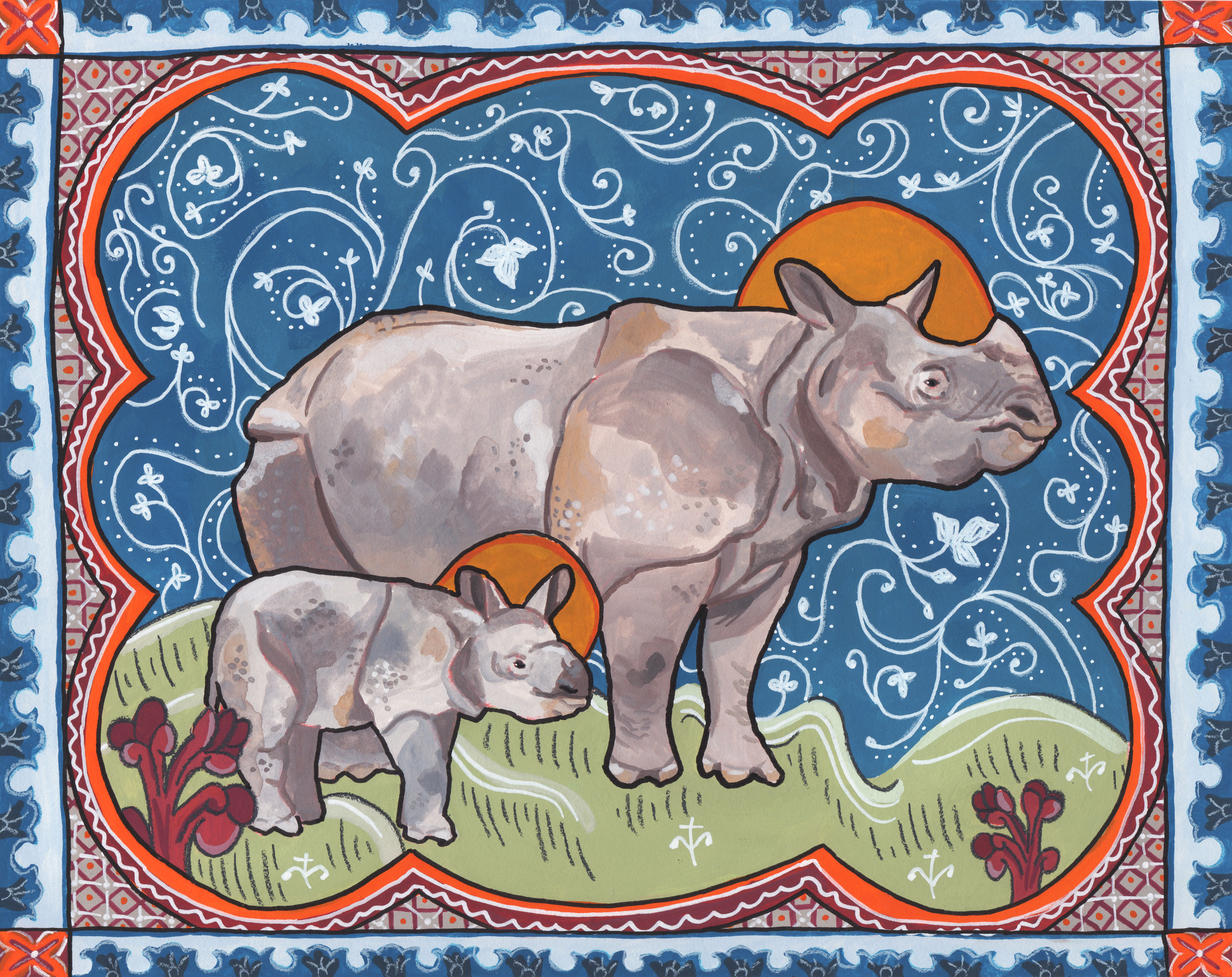 The Hope of Kaziranga, 2021,
Gouache and colored pencil,
8” x 10”,
Greater One-Horned Rhino.