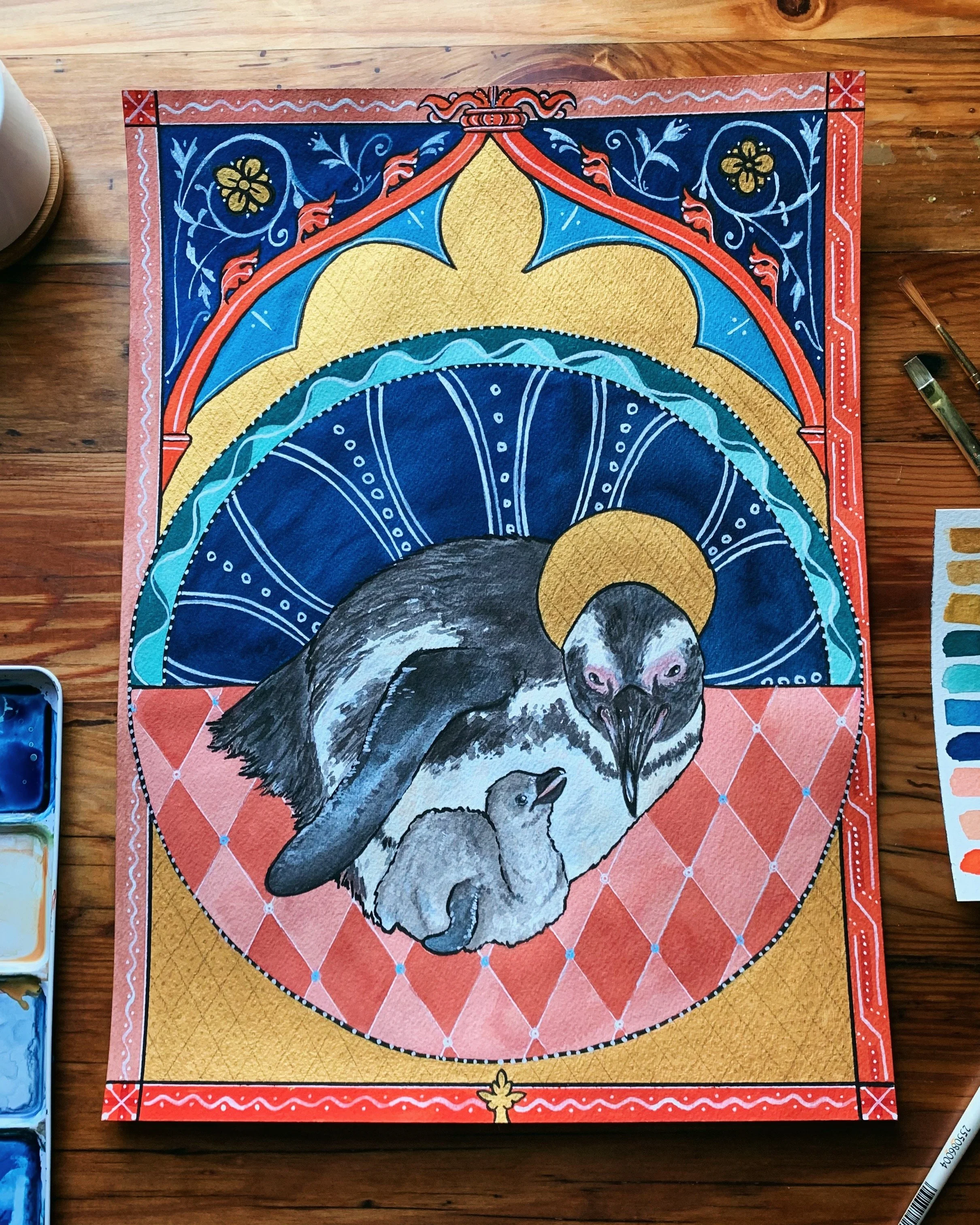 Mother and Child, I, 2020,
Watercolor, gouache and acrylic,
11” x 15,
African Penguin.

