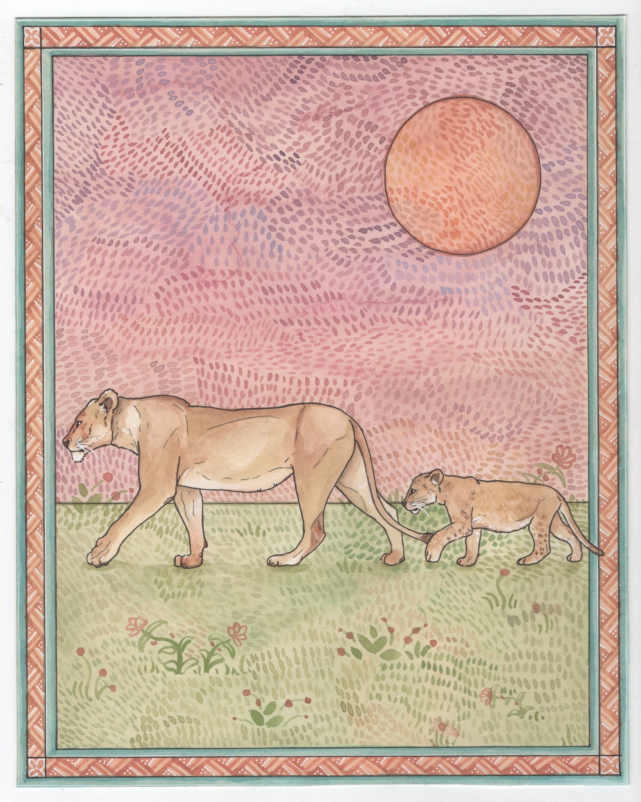 Nursery of Eden  - Lion (Dusk), 2023,
Watercolor and ink,
8” x  10”,
Lion.