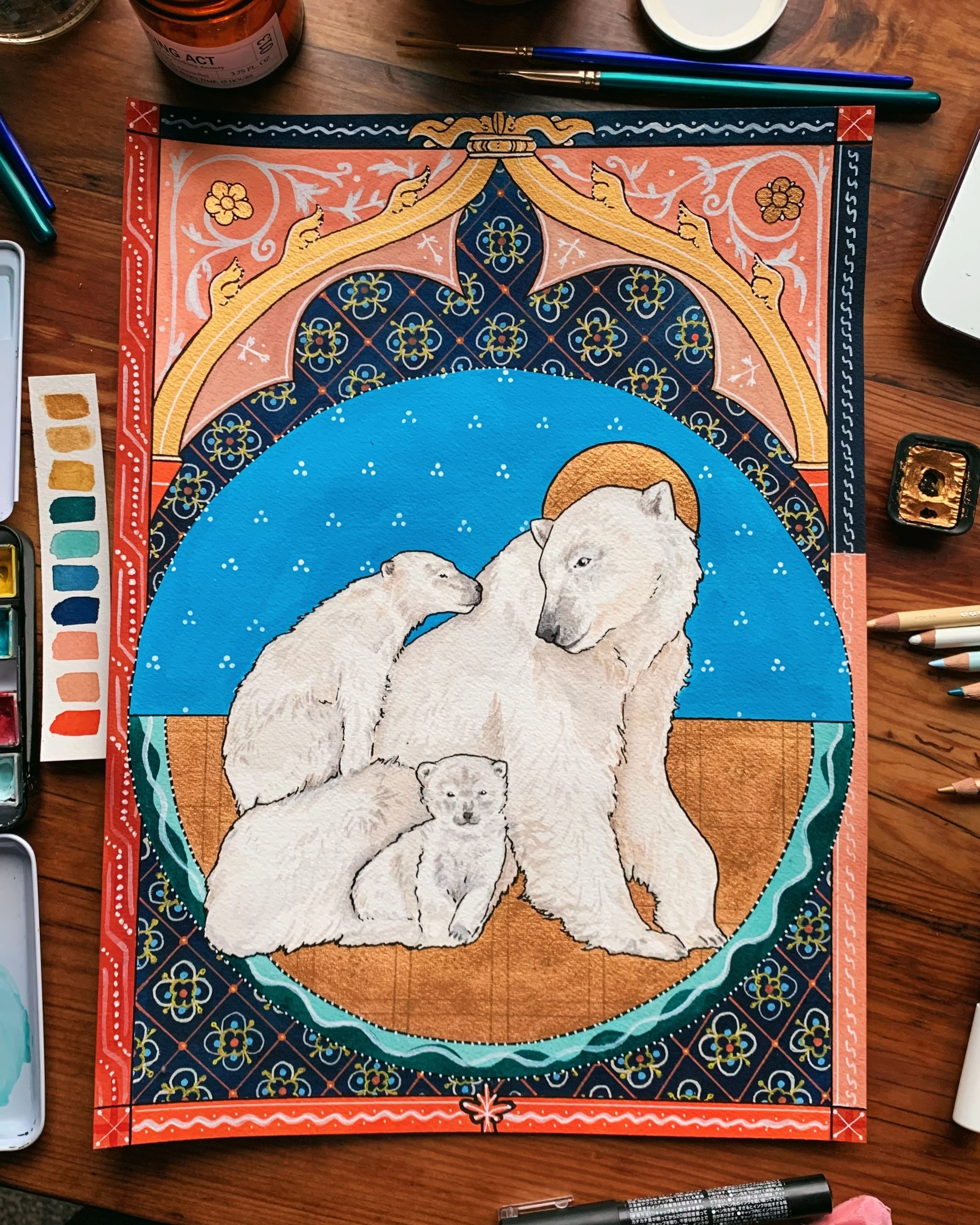 Mother and Child, III, 2020,
Watercolor, gouache and acrylic,
11” x 15,
Polar Bear.
